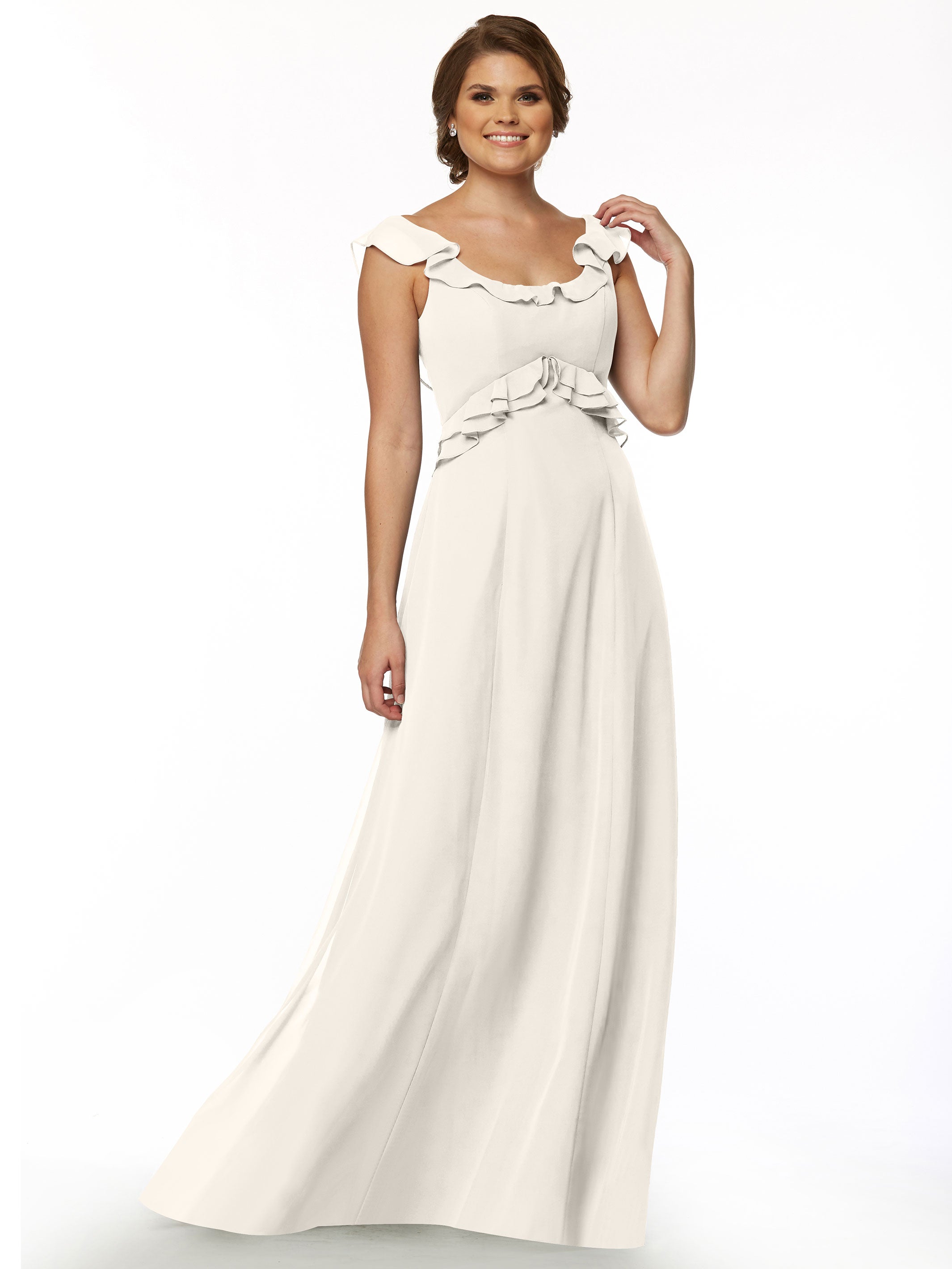 Elegant 80173 Chiffon Off-The-Shoulder A-Line Bridesmaid Dress with Ruffled Bodice - Perfect for Weddings, Formal Events & Special Occasions