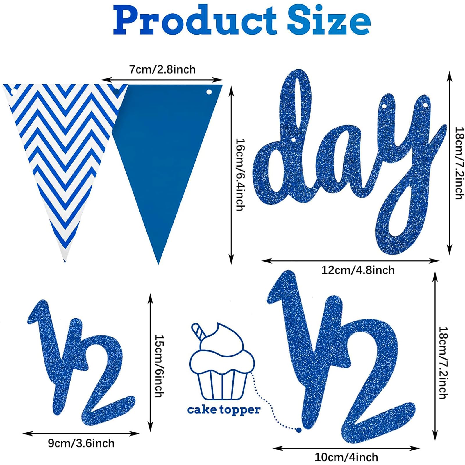 Spakon Glitter Half Birthday Banner Set - 6 Months Happy Birthday Decorations for Baby Boy & Girl - Includes Cake Topper, Triangle Flags, Crown Hat & Bow Tie (Dark Blue) - Perfect for 1/2 Year Celebrations, Photo Shoots & Milestone Parties