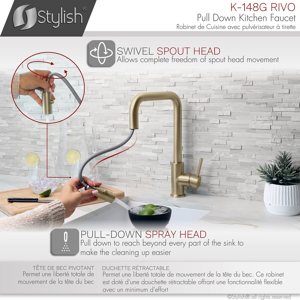 RIVO Modern Single Handle Pull Down Kitchen Faucet - Brushed Nickel Finish, High Arc Design for Easy Washing - Perfect for Cooking, Dishwashing & Kitchen Cleaning