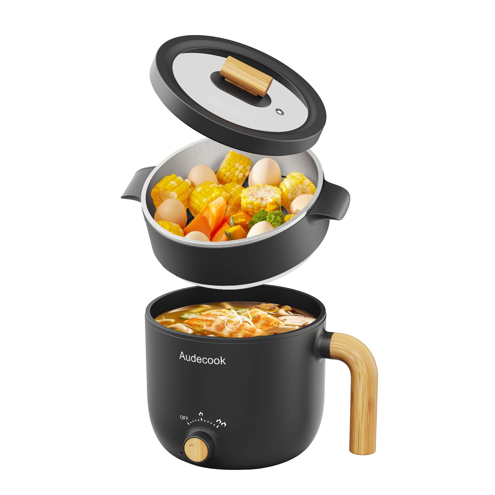 **Audecook 1.5L Electric Hot Pot with Steamer - Portable Nonstick Noodle Cooker, Dual Power Control for Pasta, Soup, Steak, Eggs & Oatmeal - Perfect for Travel, Dorm, Office & Small Kitchens (Black)**