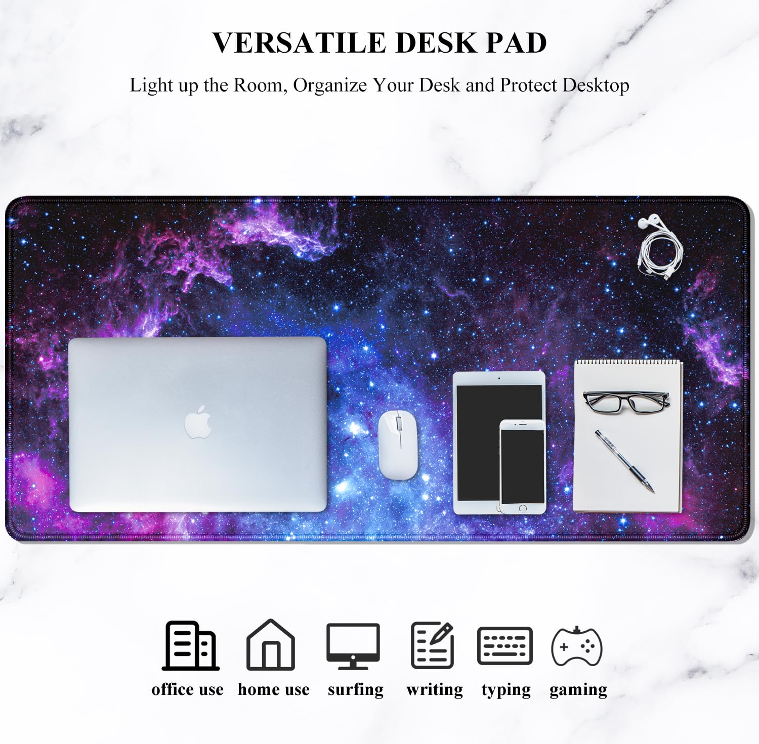 Auhoahsil XXL Gaming Mouse Pad - Extra Large Desk Mat for PC & Laptop (31.5x11.8in) | Thick Rubber Base, Stitched Edges | Perfect for Office Work, Gaming & Home Use | Galaxy Design Computer Accessory