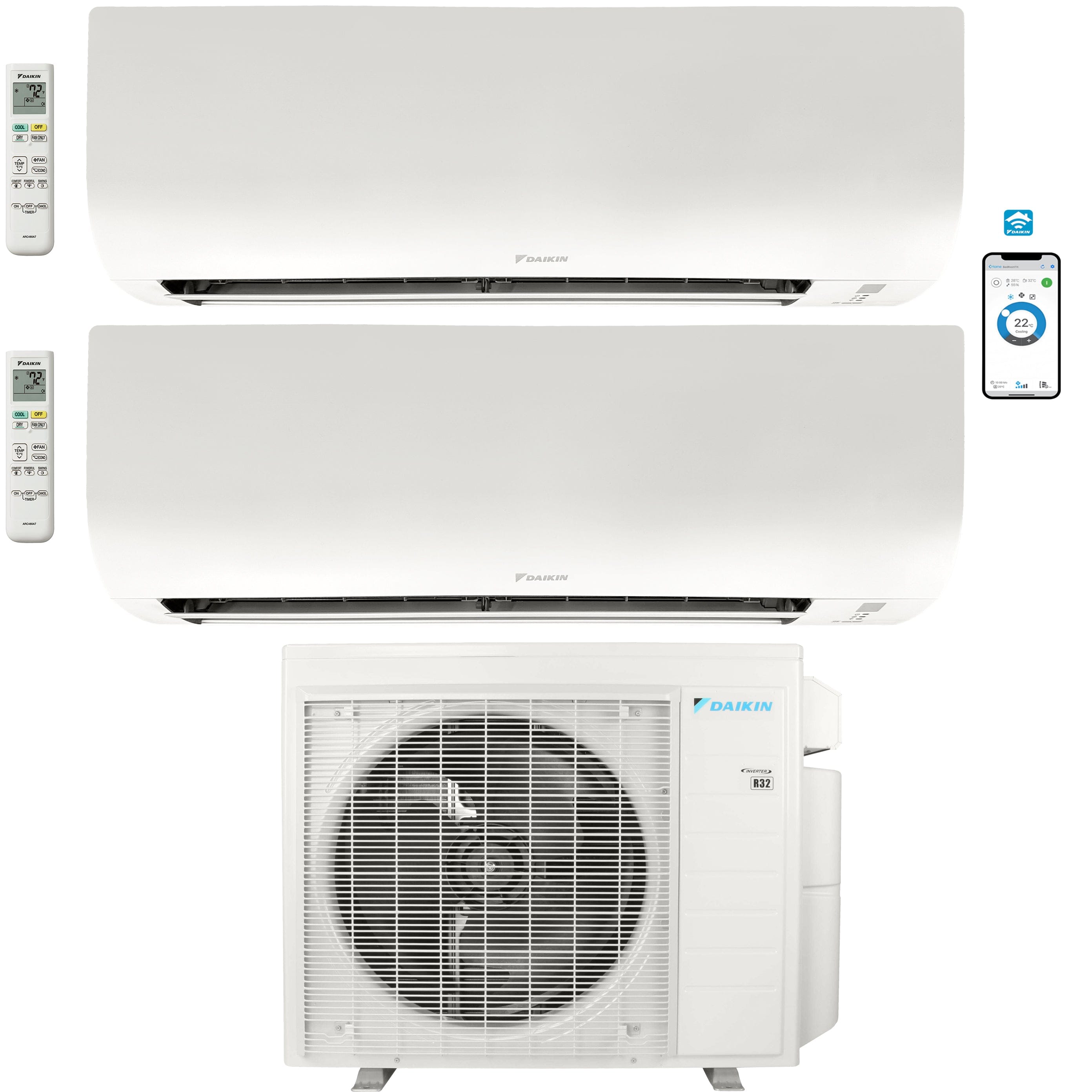 Daikin 2 Zone Wall Mounted Ductless Mini Split Air Conditioner & Heat Pump - 36,000 BTU (7K + 18K) 20 SEER2 R32 with Wi-Fi Control - Perfect for Home, Office, and Commercial Spaces