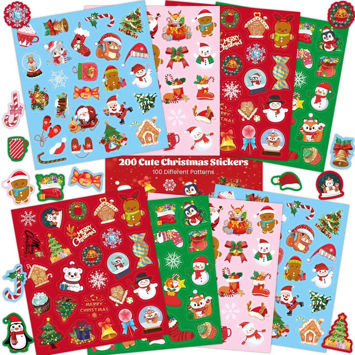 200 Christmas Stickers for Kids - Holiday Party Favors, 8 Sheets - Perfect for Classroom Activities, Gift Wrapping & DIY Crafts