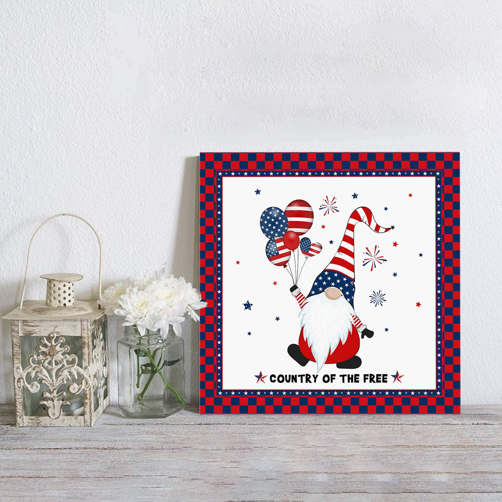 American Gnome with Flag Balloon Canvas Wall Art - Patriotic Red Blue Plaid Painting on Wood Frame - 24x24 Inch Home Decor for Independence Day, Living Room & Bedroom