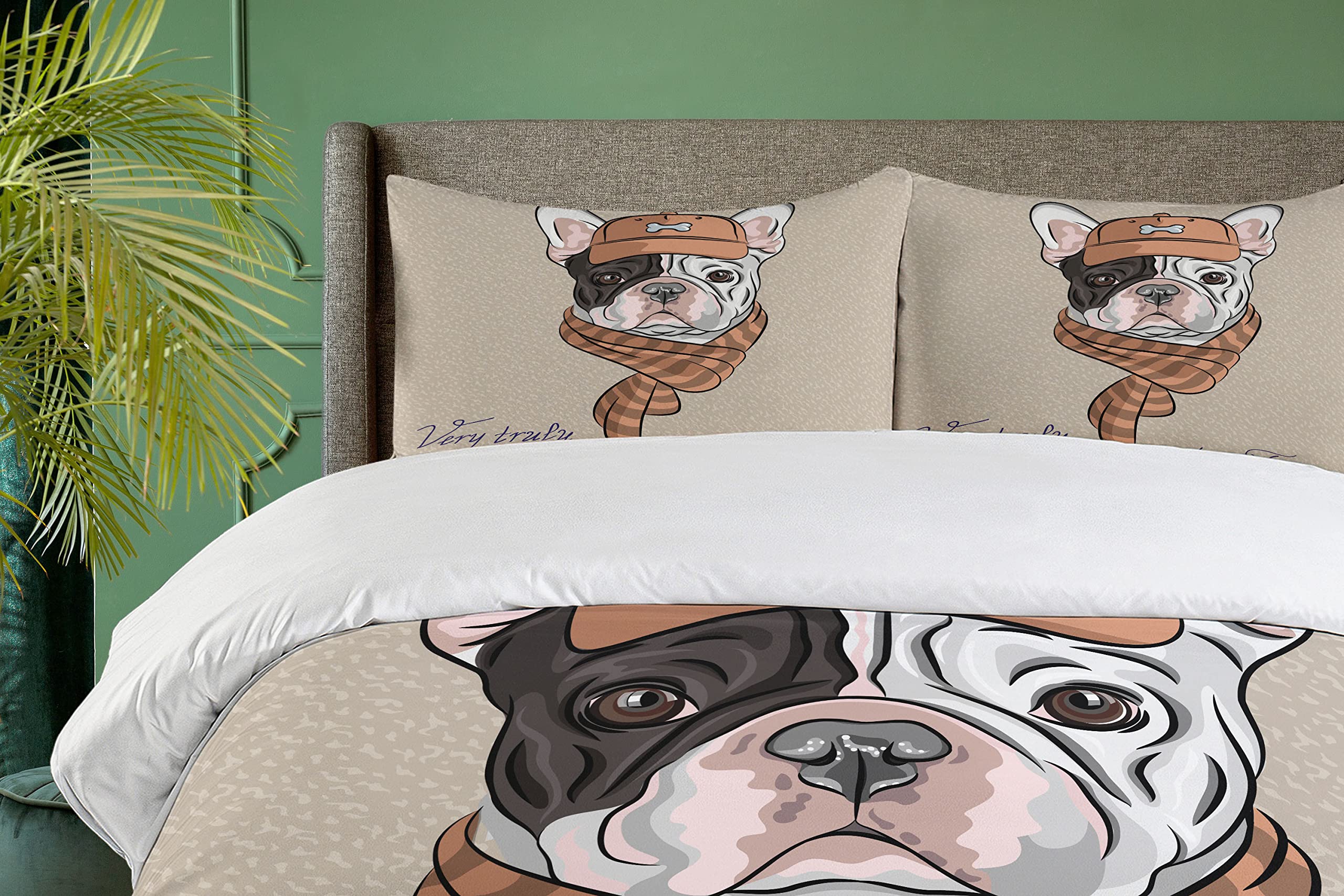 Ambesonne Dog Duvet Cover Set - Cartoon Bulldog with Cap & Scarf French Fashion Print, 3-Piece Queen Size Bedding Set with 2 Pillow Shams in Tan & Brown | Perfect Gift for Dog Lovers, Cozy Bedroom Decor for Winter