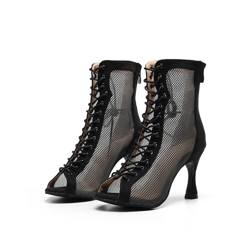 Sexy Black Mesh Peep Toe Lace Up High Heel Boots for Women - Fashion Stiletto Ankle Booties for Party, Night Out & Date Night