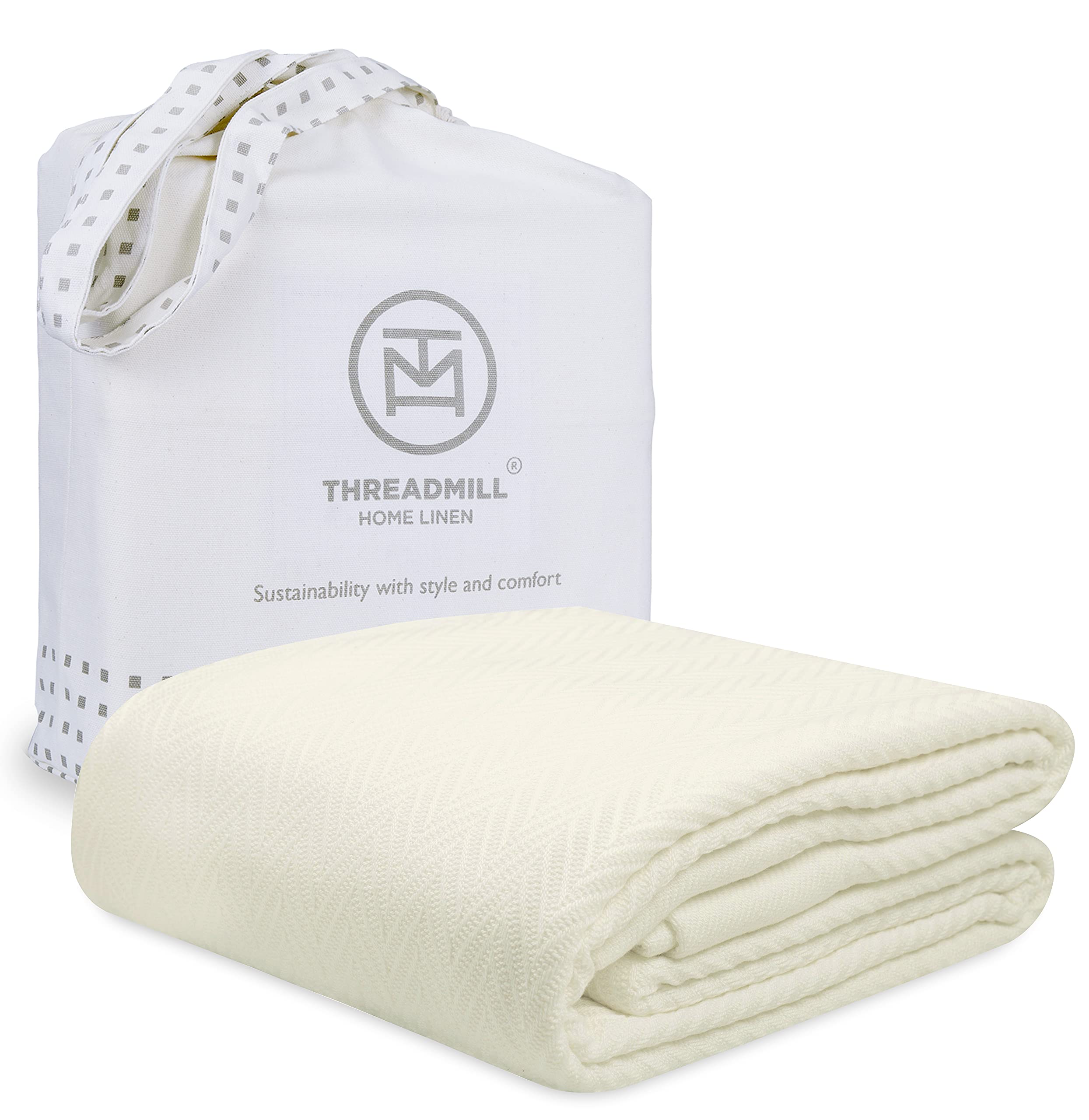 Premium 100% Cotton Twin Size Blanket - Soft & Cozy Herringbone Thermal Blanket for All Seasons | 350GSM Luxury Bed Blanket, 68x92 Inches in Tusk White | Perfect for Fall, Winter & Year-Round Comfort in Bedroom, Living Room or Dorm