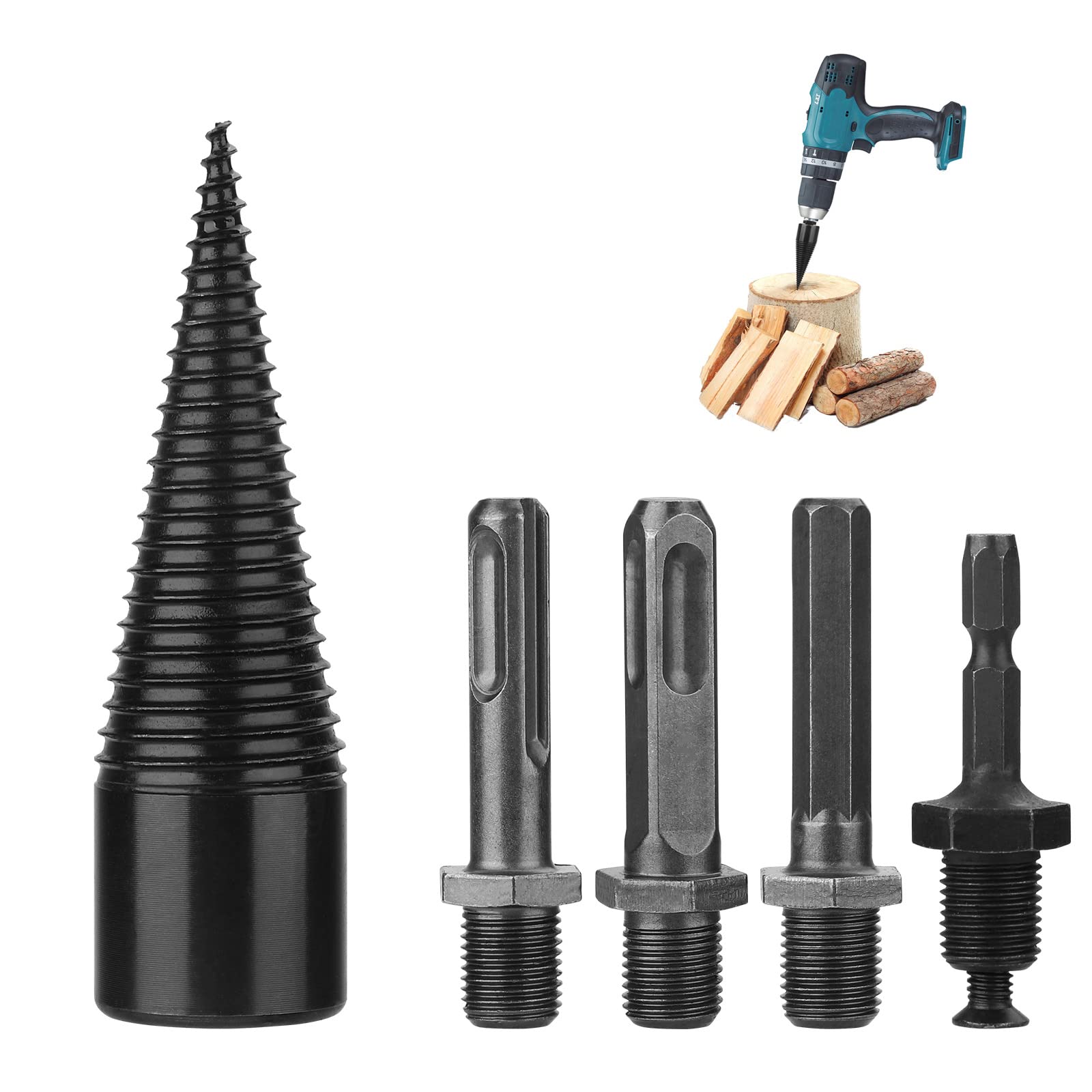Heavy Duty 4Pcs Splitting Wood Cone Drill Bit Set - Hex, Square & Round Shank (38mm) for Firewood Log Splitter, Electric Wood Chopping Tool | Perfect for Hand Drills, DIY Firewood Preparation & Outdoor Camping