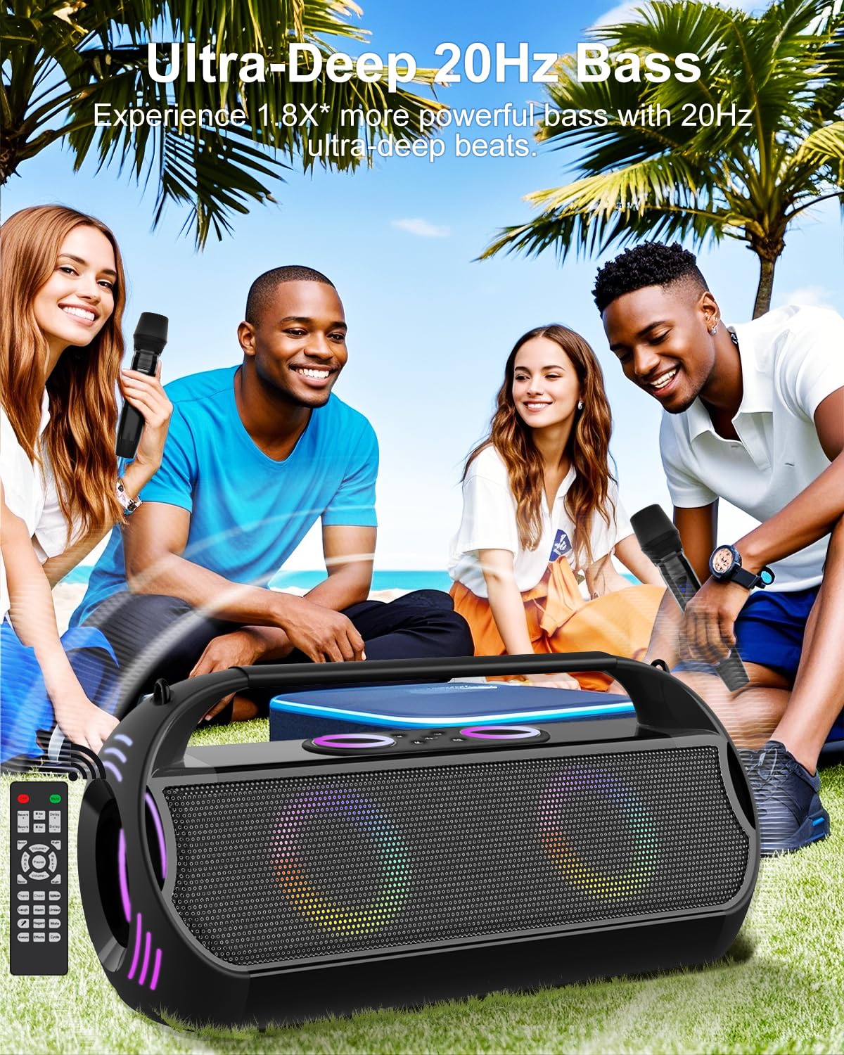 160W Karaoke Machine with 2 Wireless Microphones - Bluetooth Speaker, 20H Playtime, LED Light Show, 2+2 Stereo, Bass Boost 3.0 - Supports RC/REC/HP/AUX/USB/TF - Perfect for Parties, Camping, Outdoor Gatherings & Home Entertainment (Plus-Black)