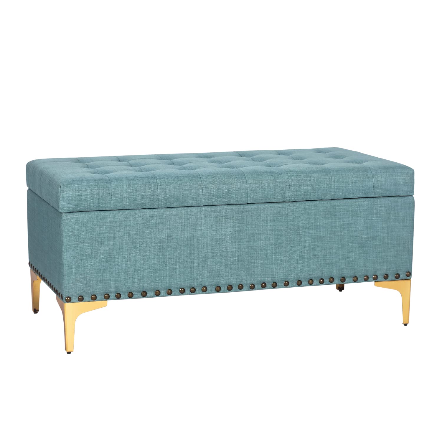 Linen Upholstered Storage Ottoman Bench with Button Tufted Design & Metal Legs - Multi-Functional Footrest, Toy Chest & Coffee Table for Bedroom, Living Room & Entryway (Blue) | Perfect for Small Space Organization & Extra Seating