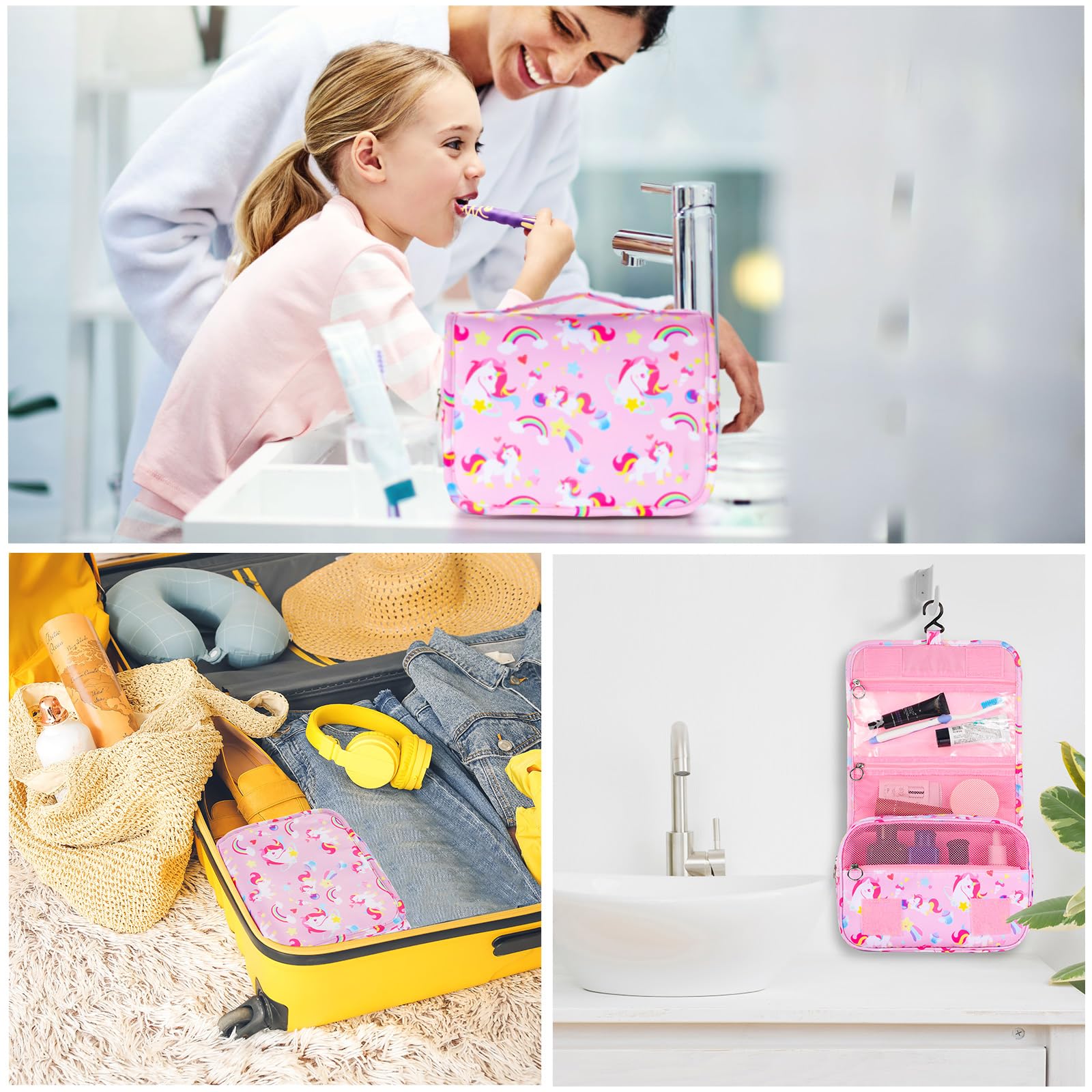 Unicorn Pink Waterproof Kids Hanging Toiletry Bag for Girls - Travel Cosmetic Makeup Wash Bag for Toddlers & Little Girls - Perfect for School Trips, Sleepovers, and Family Vacations