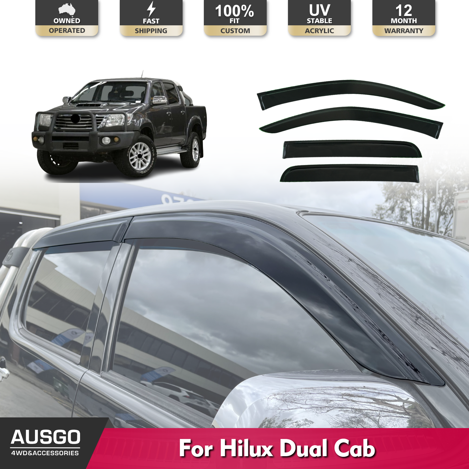 Toyota Hilux Dual Cab 2005-2015 Weather Shields - Durable Injection Molded Window Deflectors for Rain & Wind Protection - Perfect for Off-Roading & Outdoor Adventures