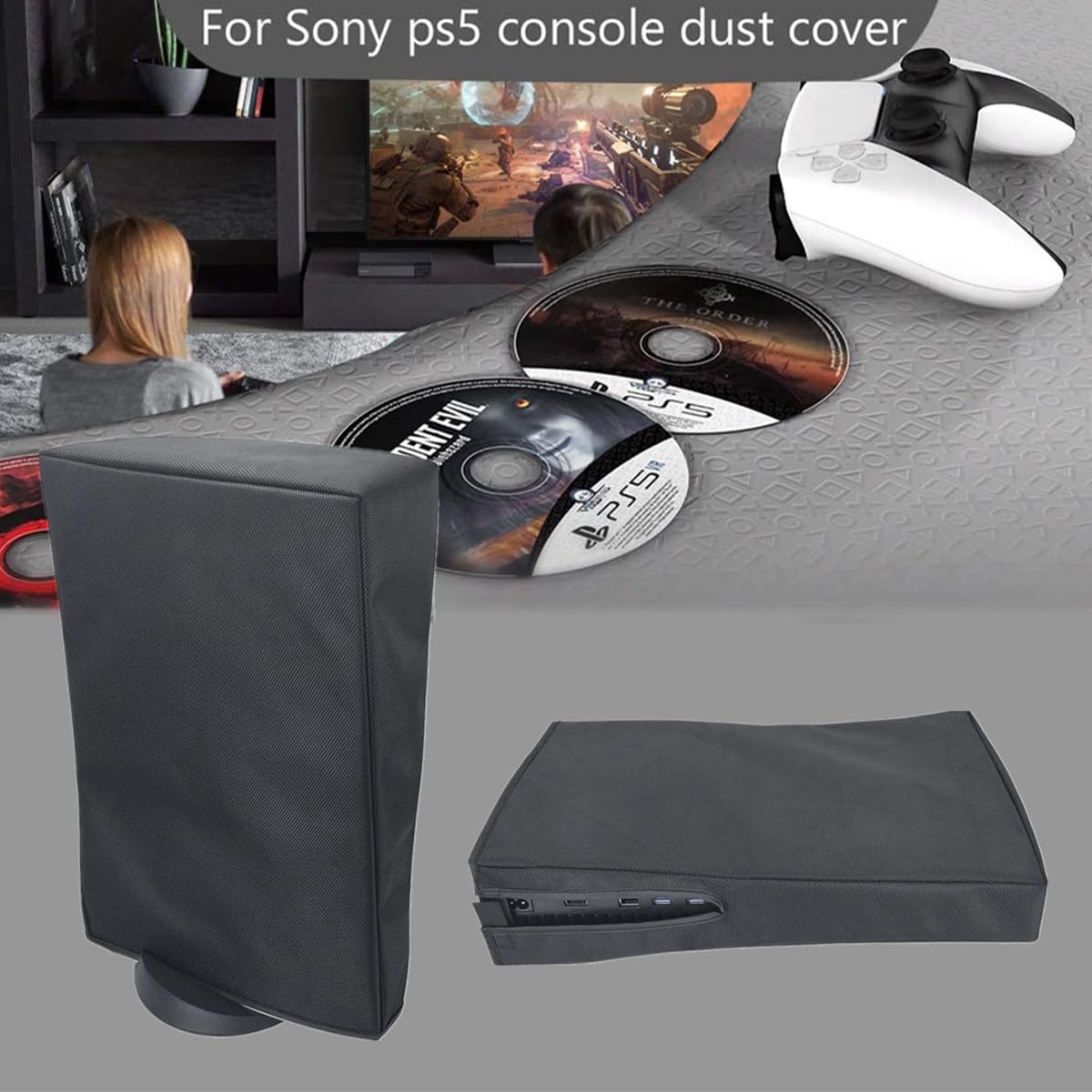 ANCLLO Dustproof Cover for PS5 Console - Waterproof & Scratch-Resistant Oxford Fabric with Rear Cable Port - Compatible with PS5 Digital & Disc Edition - Perfect for Gaming Setup & Console Protection