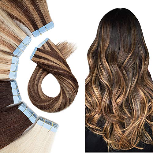 Premium 22 Inch Tape-In Hair Extensions – 50g 20pcs Remy Human Hair #4P27 Medium Brown/Dark Blonde Mix – Double-Sided Adhesive Skin Weft for Women | Easy Application & Natural Look for Daily Styling, Parties & Special Events