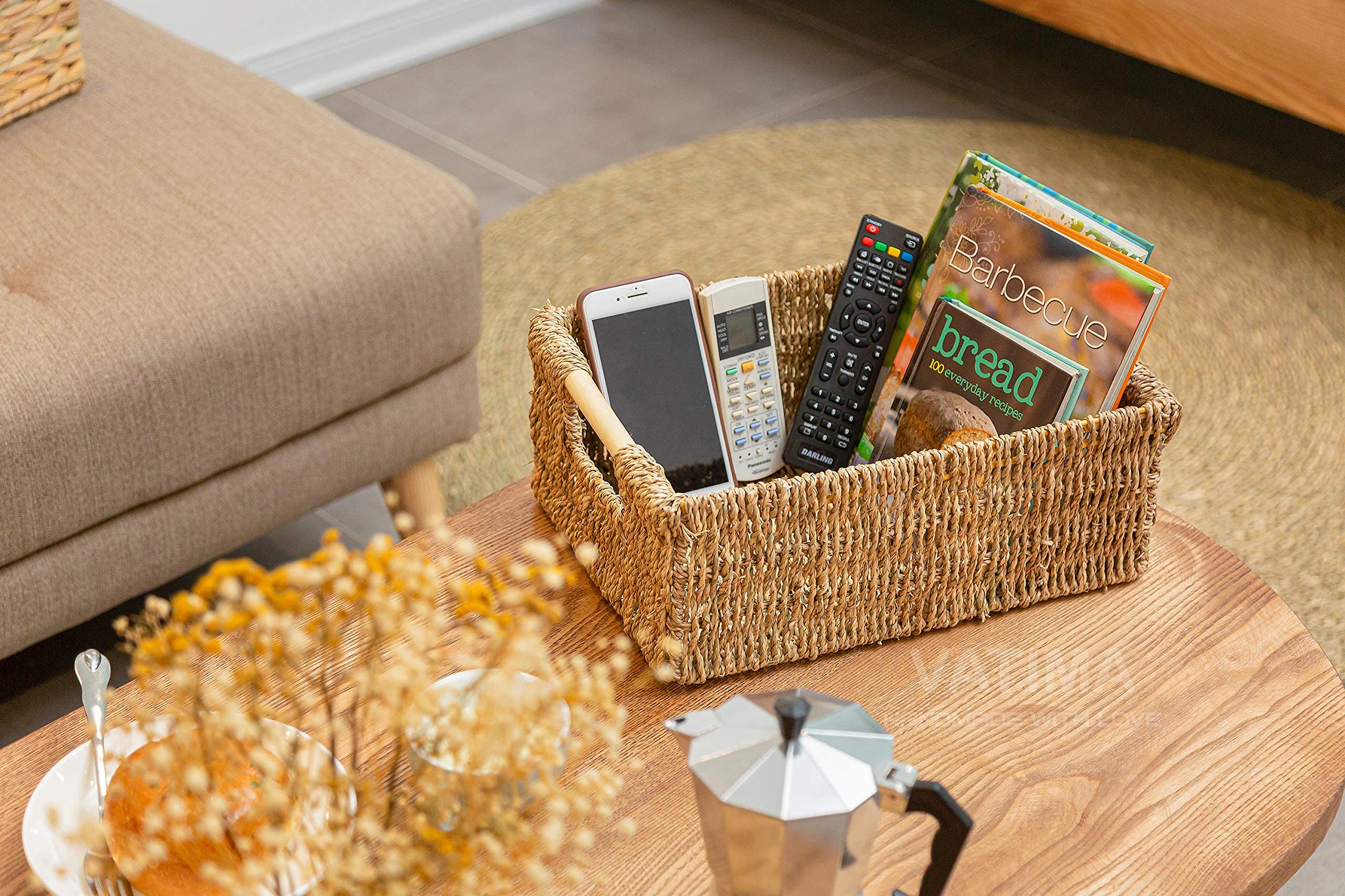 Natural Wicker Storage Baskets with Wooden Handles - Water Hyacinth & Seagrass Rectangular Organizing Bins for Shelves, Closet, and Home Decor | Perfect for Bedroom, Bathroom, and Living Room Storage Solutions