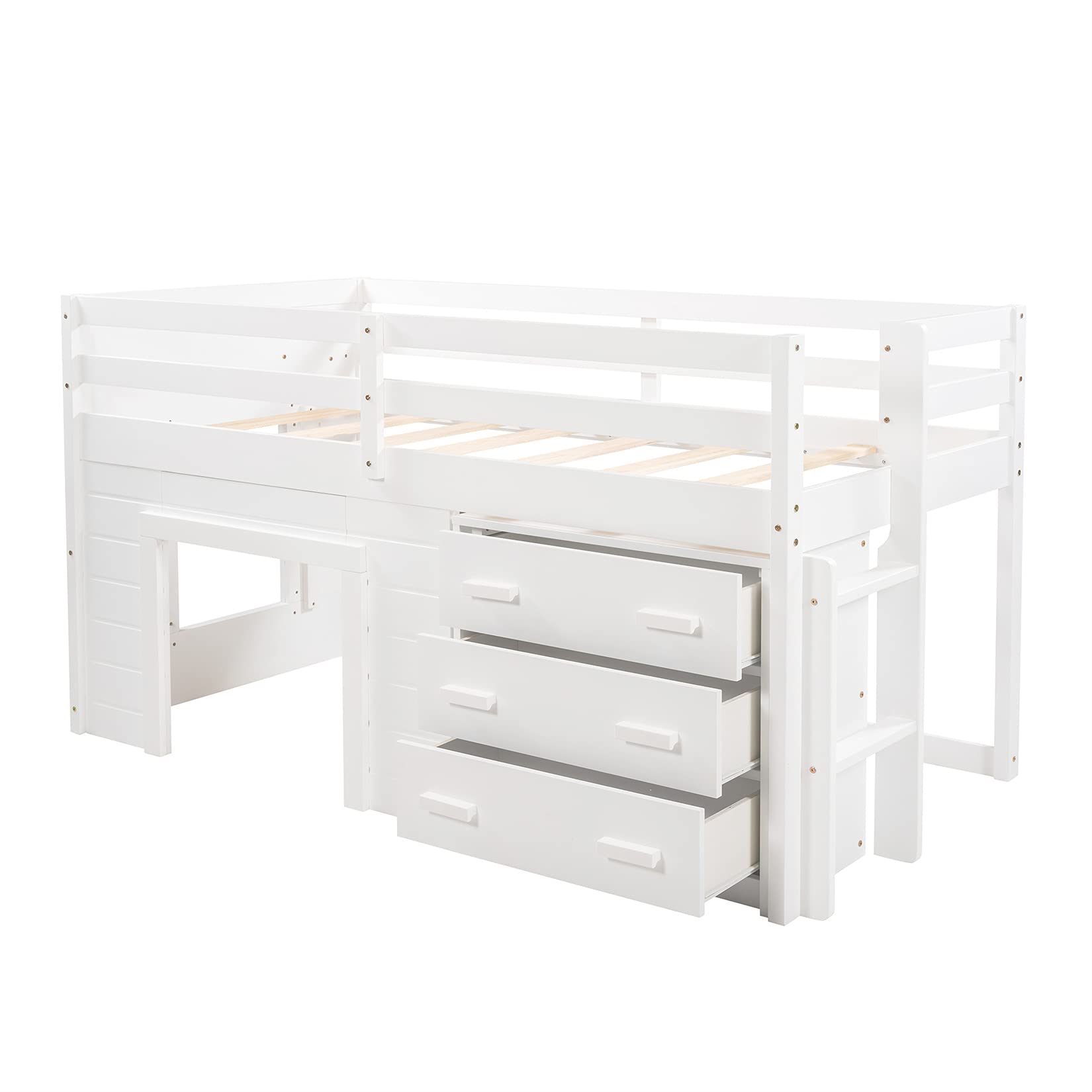 Bellemave Low Loft Twin Bed with 3 Drawers & Cabinet - Farmhouse Style Wooden Loft Bed Frame with Bedside Tray for Kids, Teens, Boys & Girls - Perfect for Small Bedrooms, Dorm Rooms & Space-Saving Kids' Rooms (White)