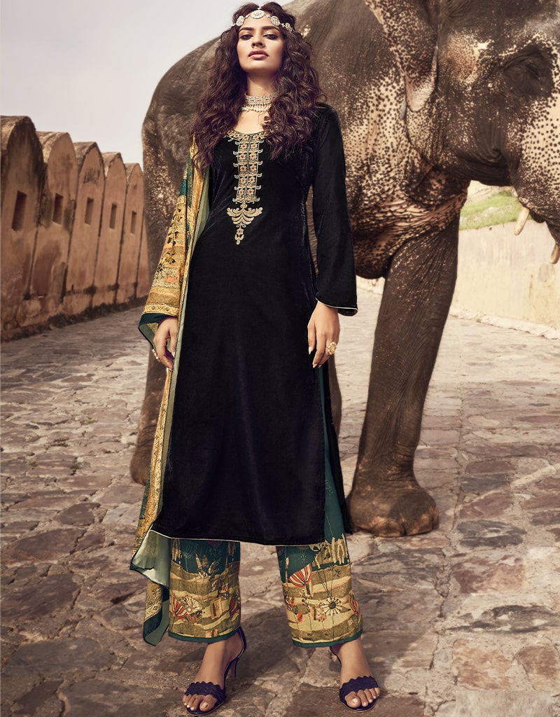 Elegant Black Palazzo Style Velvet Suit for Women - Perfect for Formal Events, Parties & Evening Wear