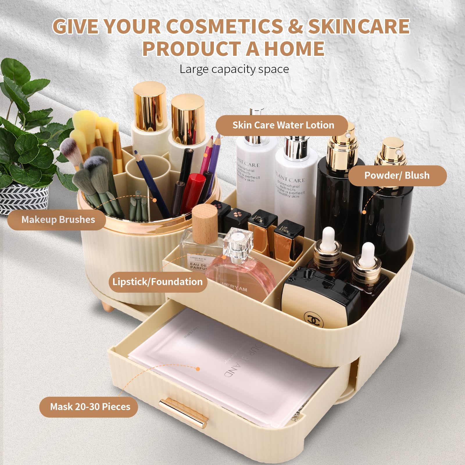 Beborxue 360° Rotating Makeup Organizer with Drawers - Large Capacity Cosmetic Display Case & Skincare Organizer for Lipstick, Brushes, Eyeshadow | Perfect for Vanity, Bathroom & Dressing Table Organization (Rice White)