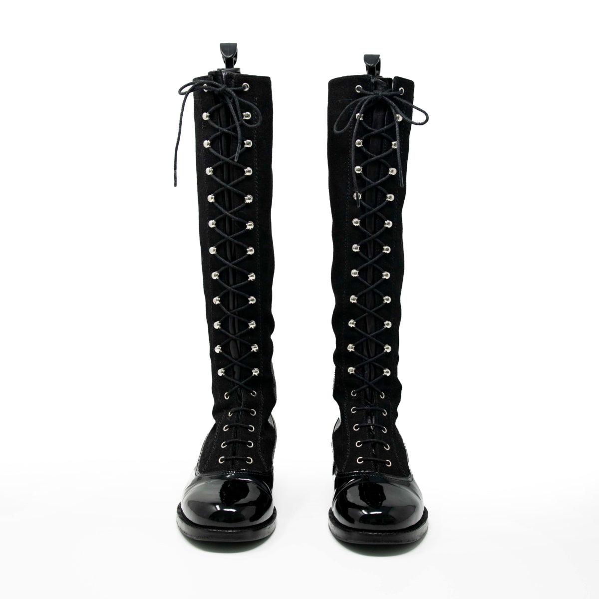 Chanel Black Lace-Up Knee High Boots Size 37 - Elegant Women's Fashion Boots for Party, Evening Wear & Winter Outfits