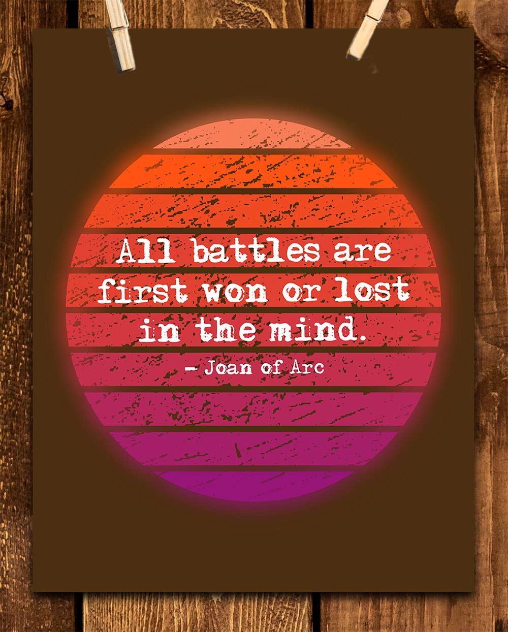 TJ Originals - 'All Battles Are First Won or Lost in the Mind' Joan of Arc Bible Quote Wall Art - 11x14 Inspirational Christian Decor Print - Perfect Gift for Home, Office & Church (Retro Sun Design)