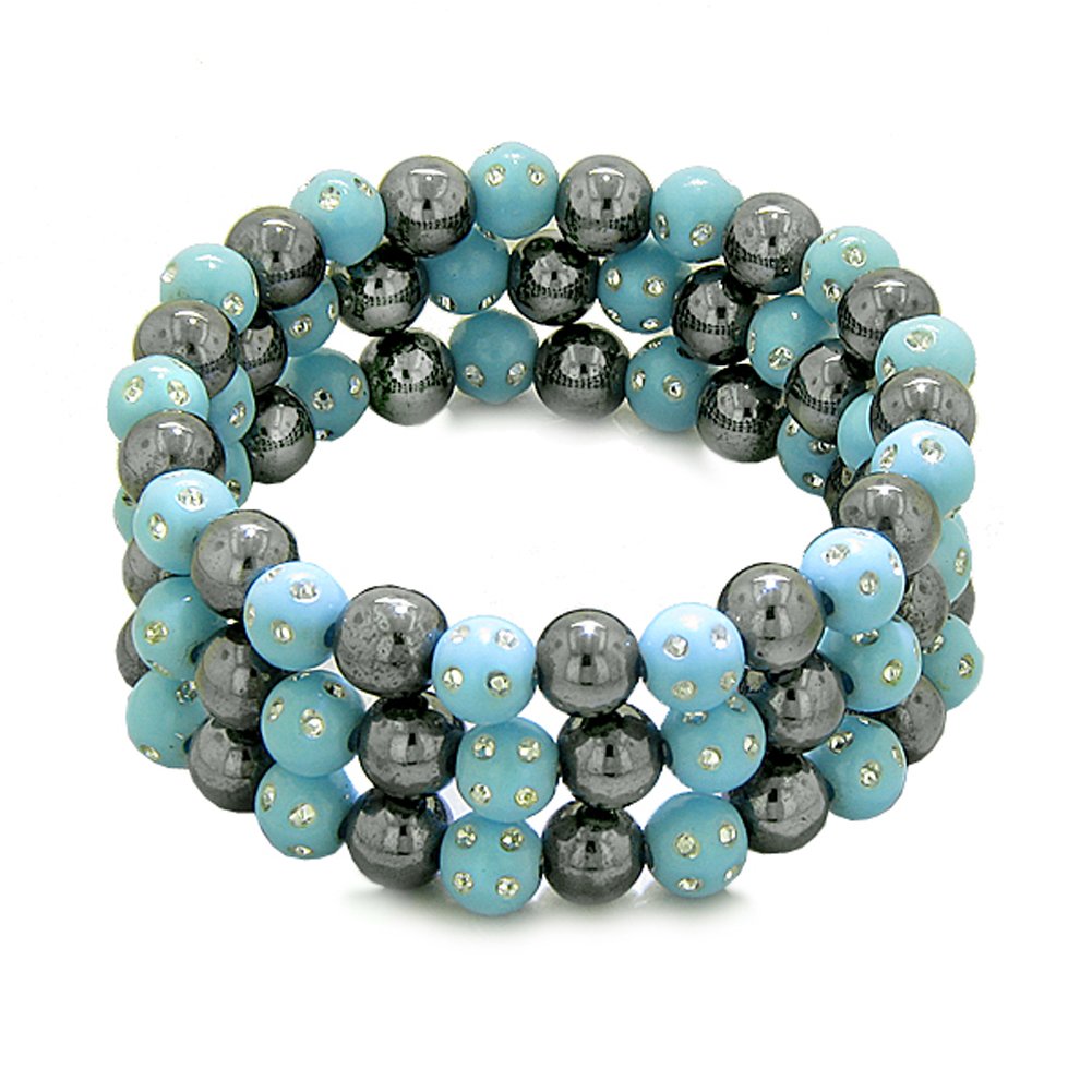 BestAmulets Set of 3 Simulated Hematite Magnetic Bracelets - White, Sky Blue & Hot Pink Crystal Healing Stones for Stress Relief & Energy Balance | Perfect for Meditation, Yoga & Spiritual Wellness