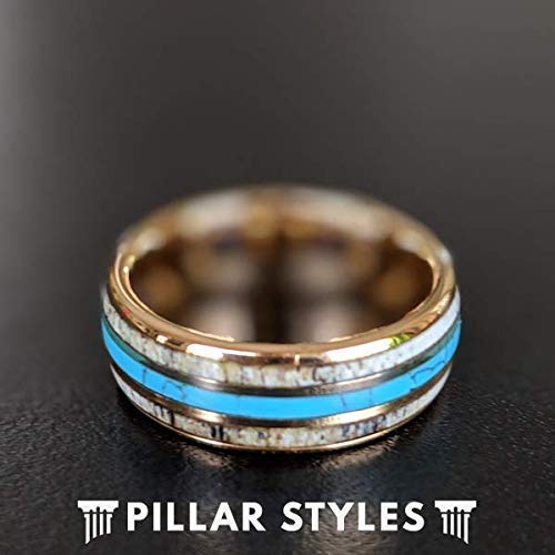 **Tungsten Deer Antler Ring for Men - 18K Rose Gold Wedding Band with Turquoise Inlay, 8mm Wide, Nature-Inspired Rustic Jewelry - Perfect for Outdoor Enthusiasts, Anniversary Gifts, and Unique Wedding Bands**    *(Use Case: Ideal for nature lovers, hunters, or those seeking rugged yet elegant wedding bands, anniversary gifts, or statement jewelry for outdoor adventures.)*