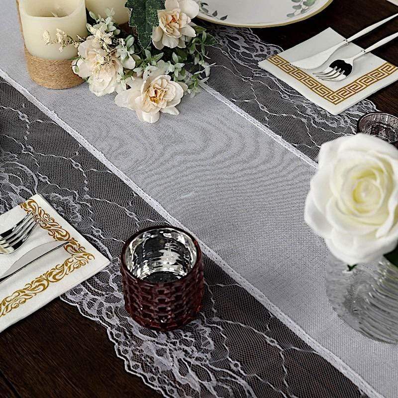 16x108 Faux Burlap with Lace Table Runner - Elegant Farmhouse Dining Decor for Weddings, Parties & Holiday Tablescapes