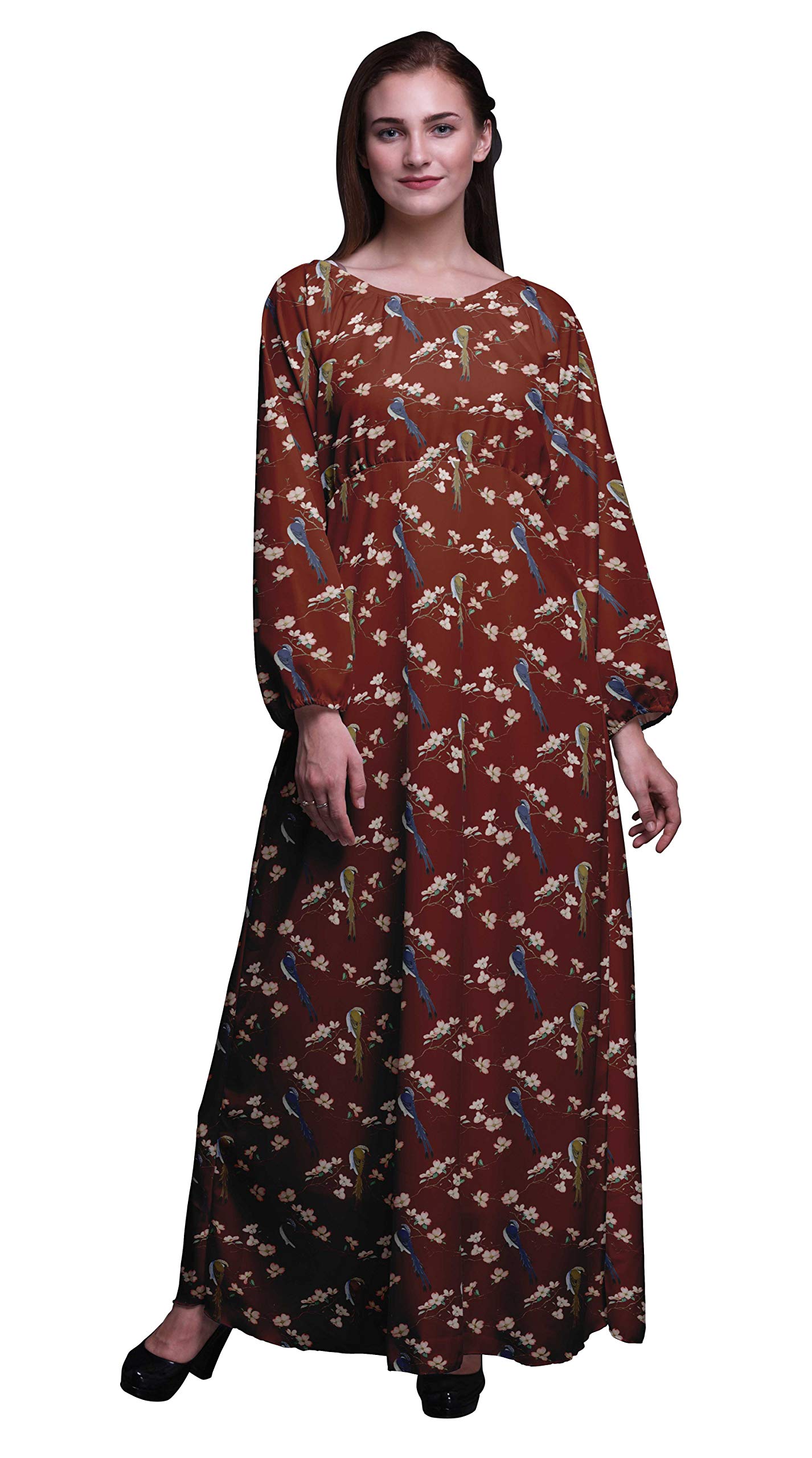 Bimba Printed Women's Maxi Dress - Long Sleeve Polyester Georgette with Elastic Waist - Flowy Summer Casual Dress for Beach, Vacation & Outdoor Parties