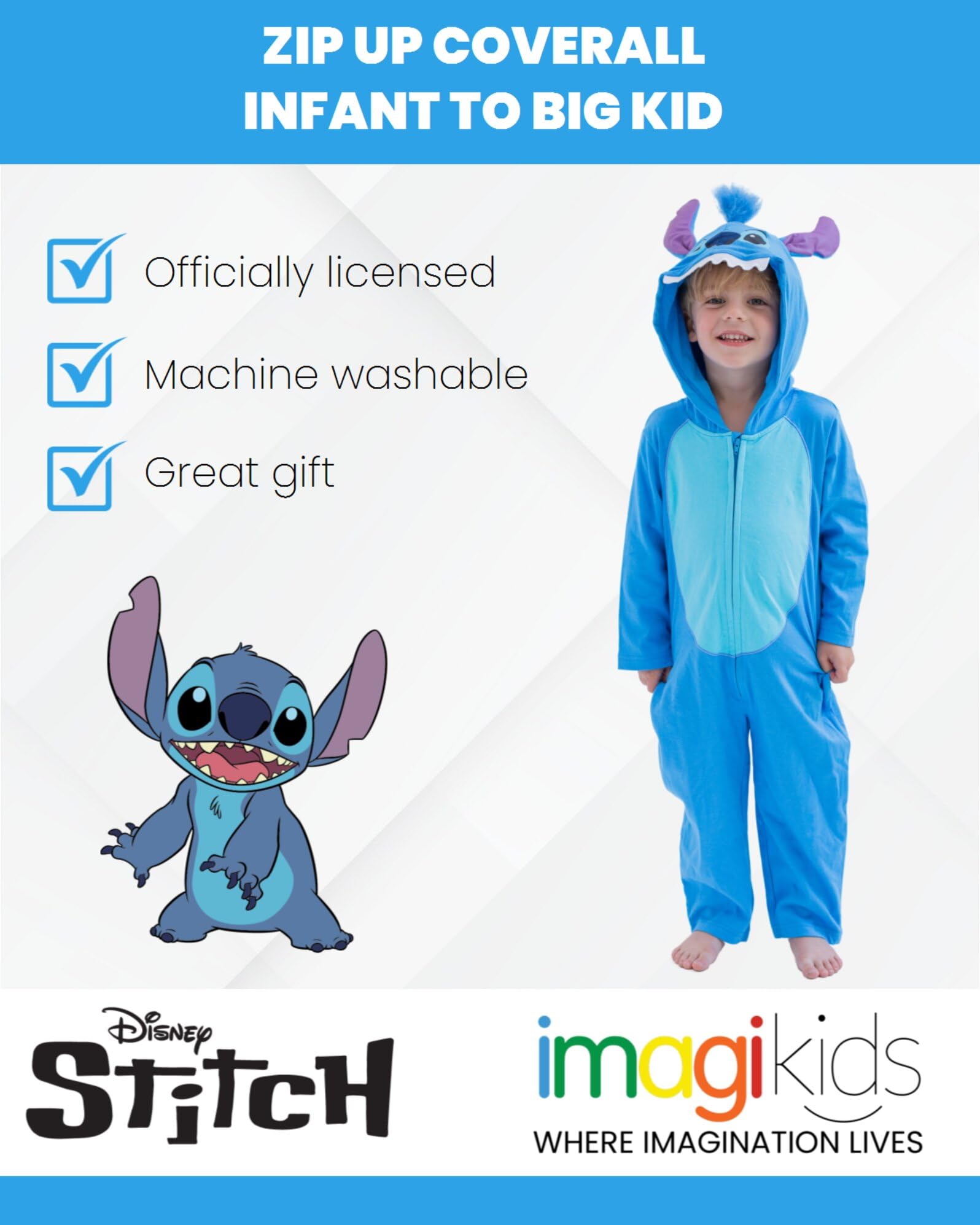 Disney Lilo & Stitch Zip Up Coverall for Infants & Kids - Cute Cartoon Character Jumpsuit for Playdates, Theme Parks & Family Photos
