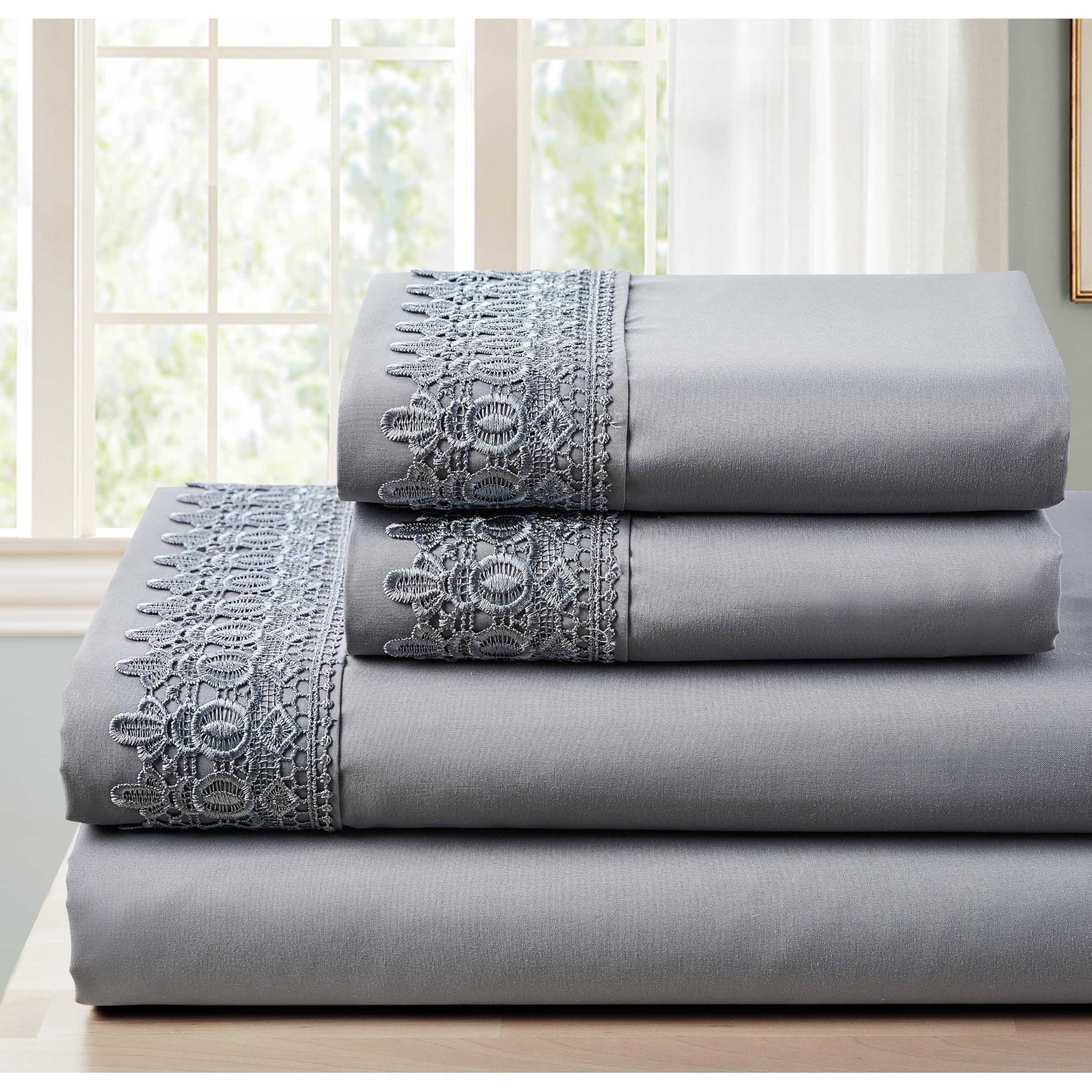 Premium King Size Sheet Set - Ultra Soft Lace Microfiber Bedding by Spirit Linen (Est. 1988) | Lightweight, Breathable & Wrinkle-Resistant | All-Season Comfort in Elegant Grey | Perfect for Master Bedrooms, Guest Rooms & Luxury Hotels