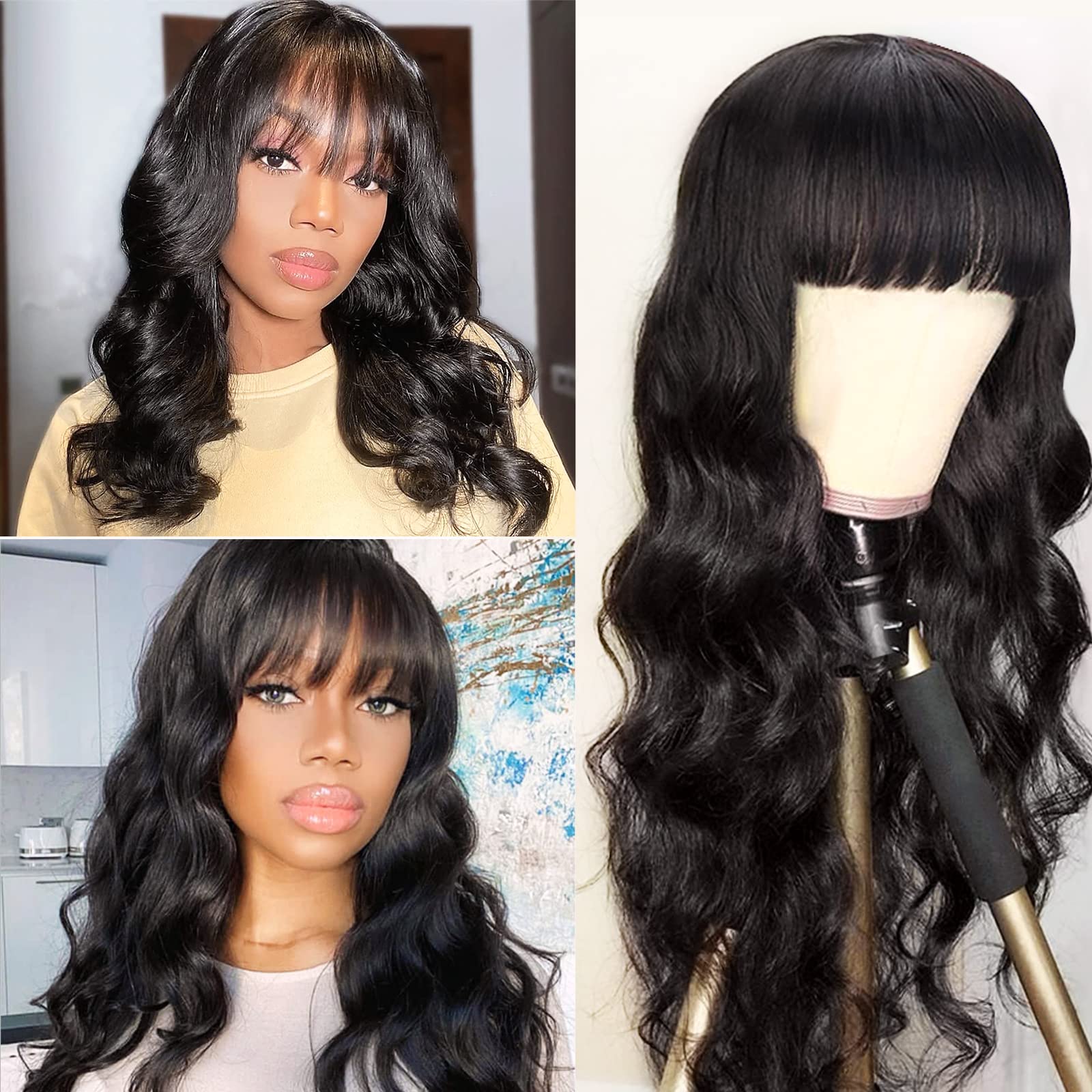 Brazilian Virgin Human Hair Wigs for Black Women - 18 Inch Body Wave Glueless Machine Made Wig with Bangs (150% Density, Natural Color) | Perfect for Daily Wear, Special Occasions & Protective Styling