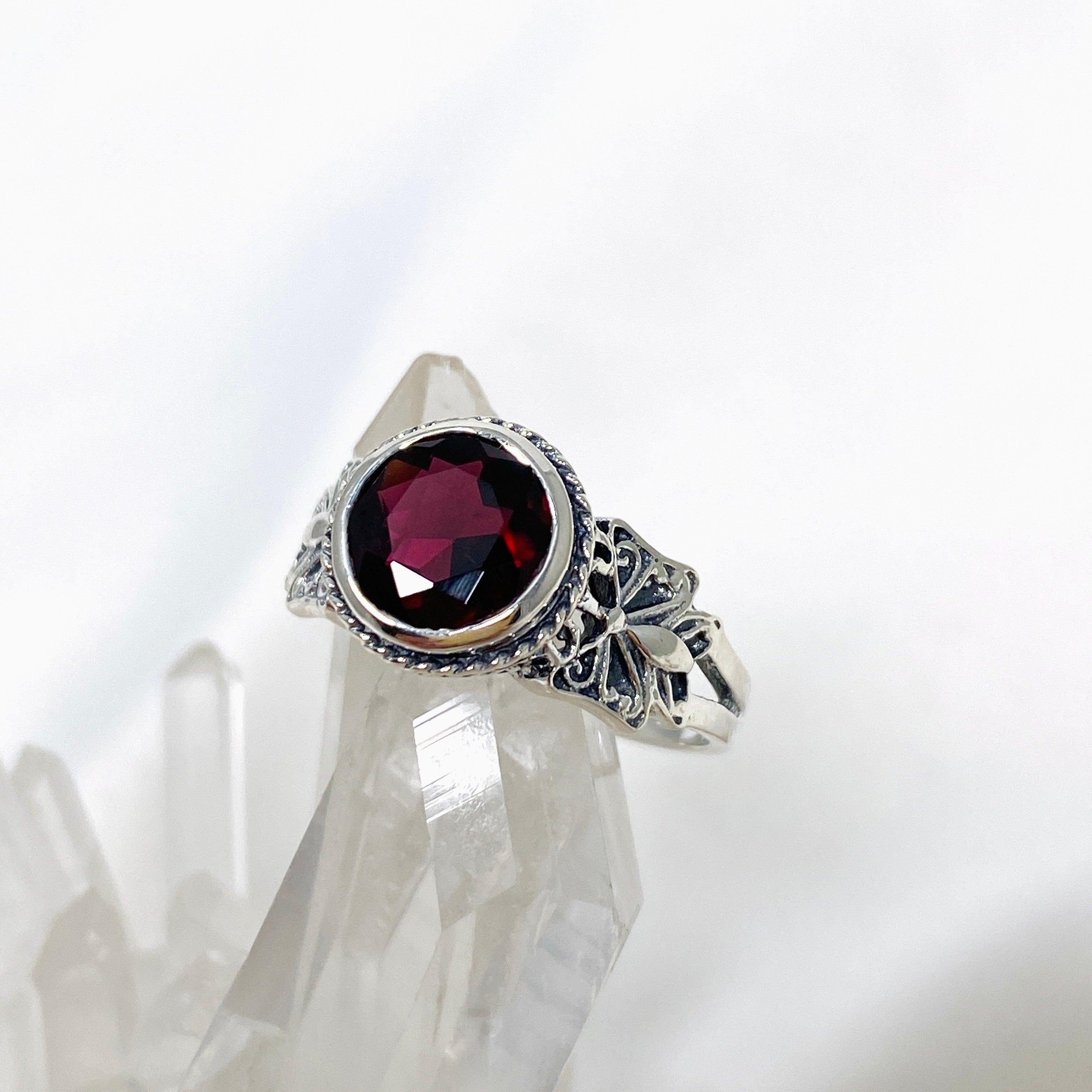 Garnet Faceted Round Ring in Elegant Decorative Setting R3671 - Perfect for Weddings, Anniversaries & Special Occasions