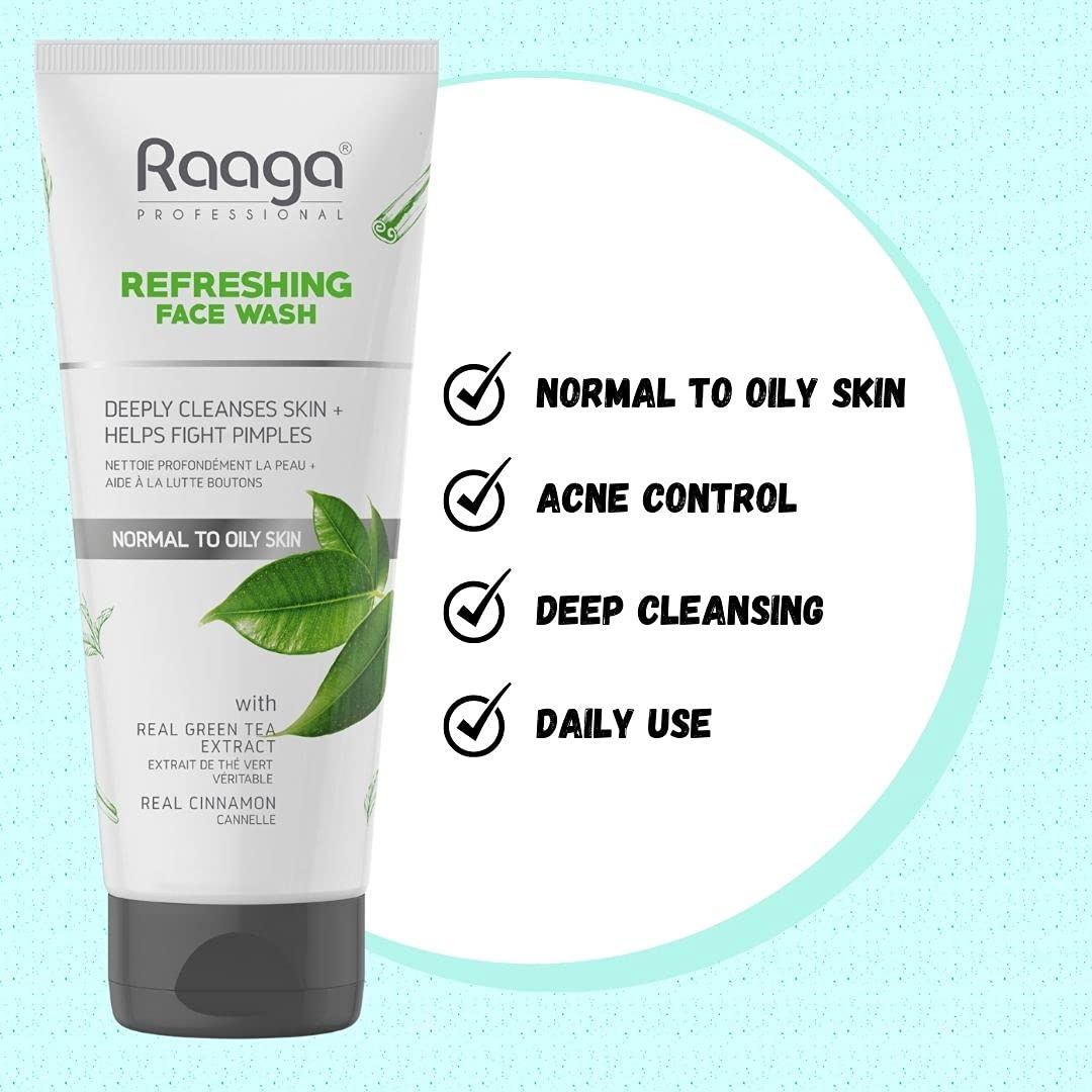 Raaga Professional Refreshing Face Wash with Green Tea & Cinnamon Extract - Deep Cleansing for Normal to Oily Skin, Fights Acne & Pimples (80ml) | Daily Skincare Routine for Clear, Healthy Skin