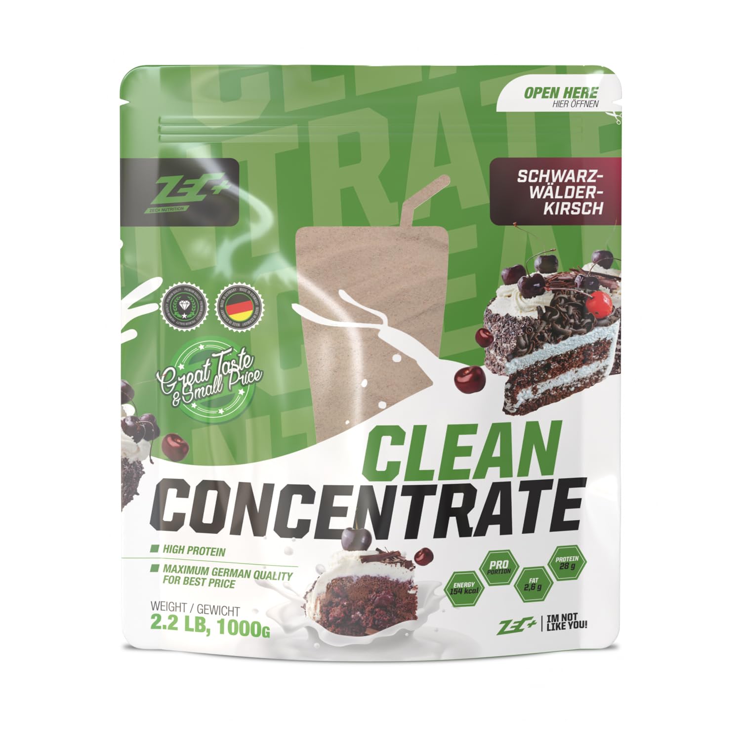 Zec+ Nutrition Clean Concentrate Black Forest Cake Protein Powder - 1500g (3.3 lb) for Muscle Recovery & Weight Management | Perfect for Post-Workout Shakes & Healthy Desserts