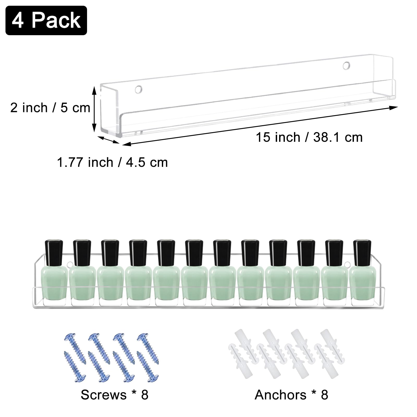 4 Pack Clear Acrylic Nail Polish Organizer Wall Mounted Shelf - Nail Polish Display Rack for Salon & Home Use - Perfect for Nail Technicians & DIY Manicures