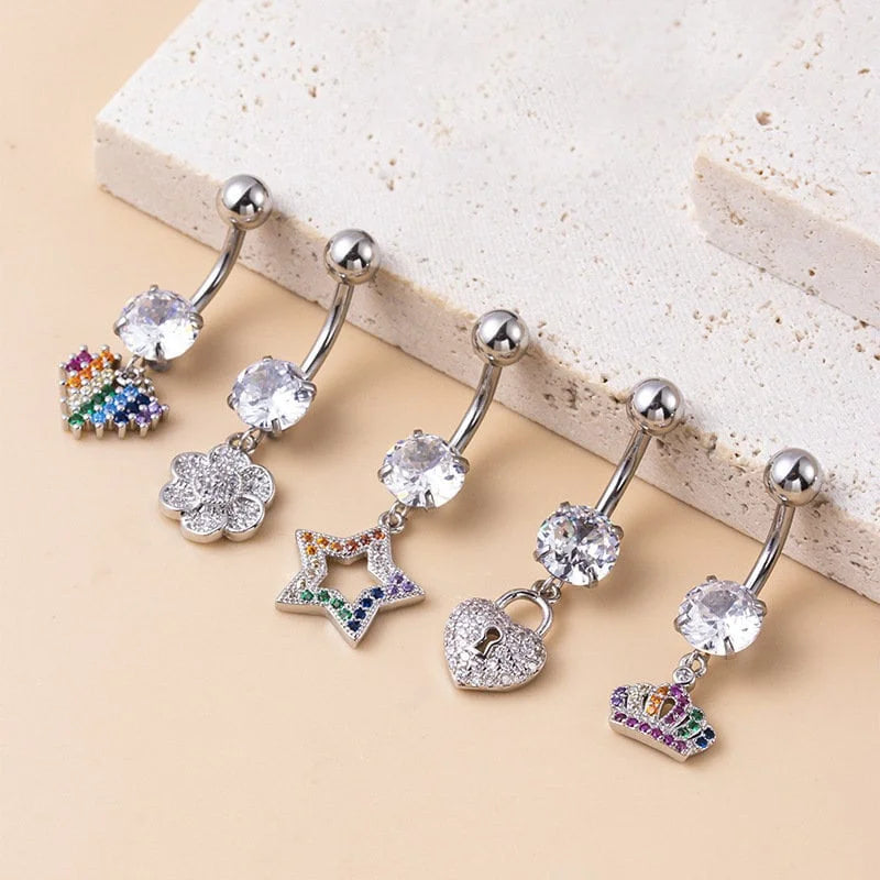 14G LGBT Star Heart Dangle Belly Ring - Surgical Steel Top Mount Piercing Jewelry for Women - Perfect for Pride Events, Parties & Body Piercing Enthusiasts