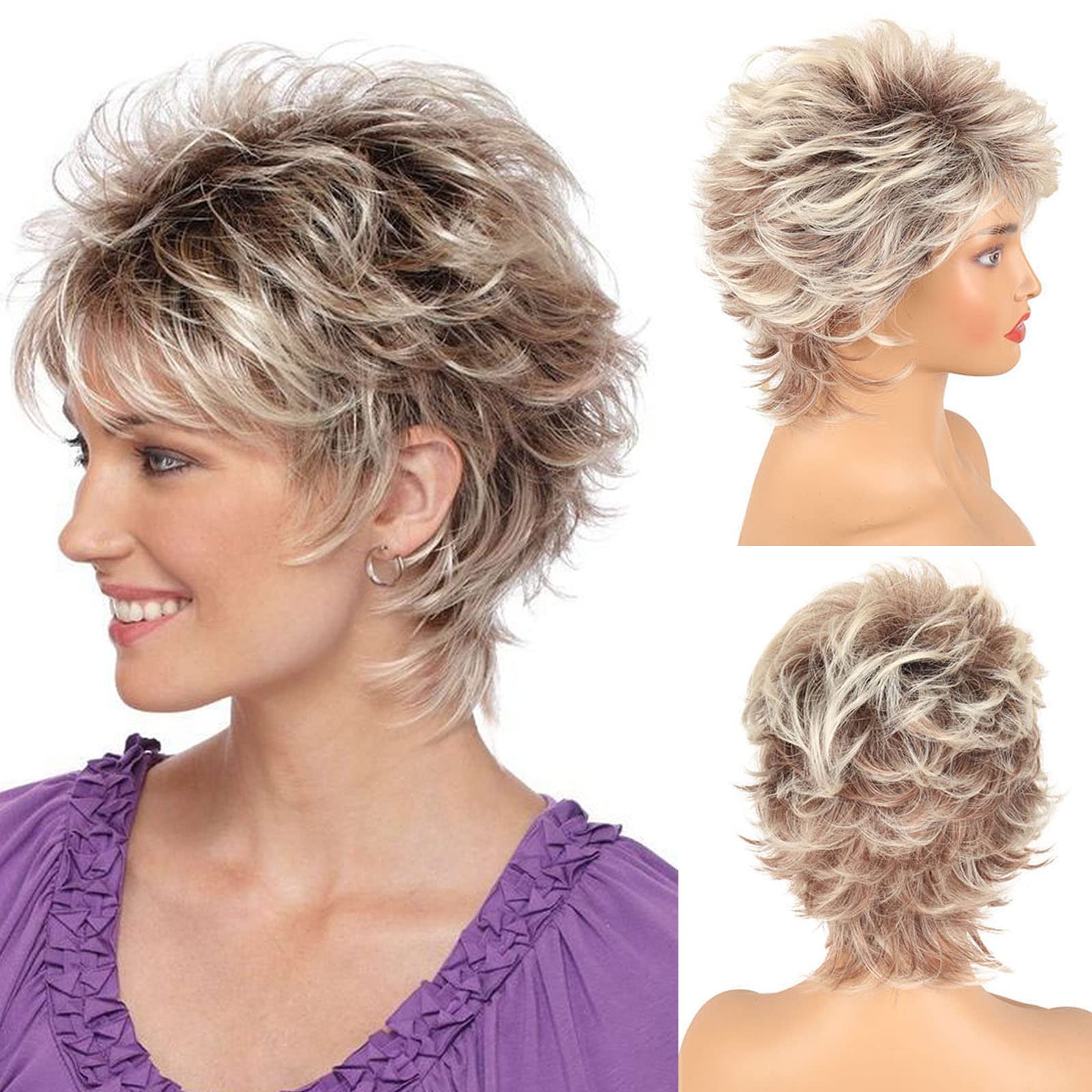 LEOSA Short Blonde Pixie Cut Wig with Bangs - Synthetic Wavy Curly Heat Resistant Hairpiece for Women | Natural Fluffy Layered Brown Ombre Style | Perfect for Cosplay, Costume Parties & Daily Wear