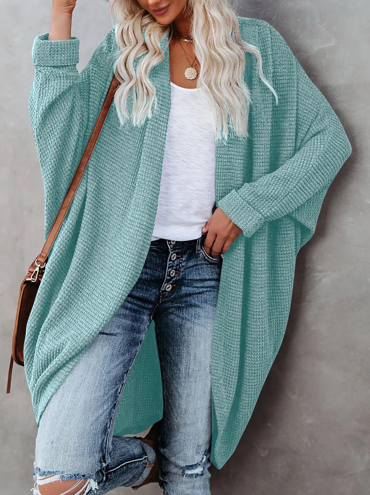 ZoeAce Women's Open Front Knit Cardigan - Long Batwing Sleeve Oversized Sweater with Chunky Waffle Cable & Boho Pockets - Cozy Fall Winter Coat for Casual Outfits, Office Wear and Layering