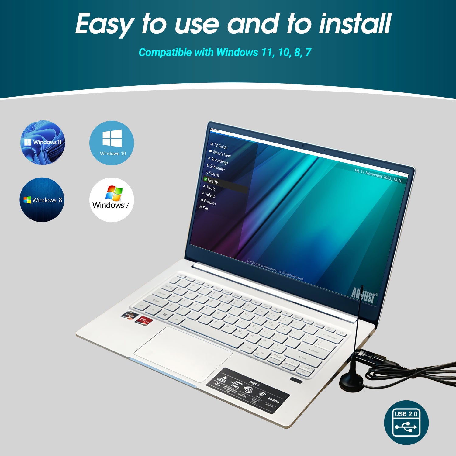 Refurbished Digital USB DVB-T PC TV Tuner Receiver for Windows 10/11 with Timeshift Function - Watch Live TV on Your Computer for Home Entertainment & Digital Recording