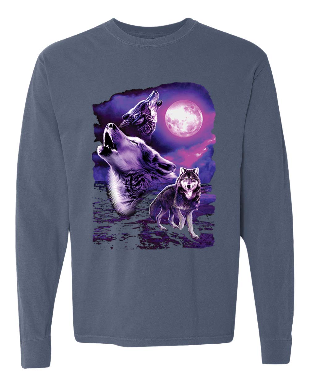 Howling Wolf Full Moon Graphic Long Sleeve T-Shirt for Animal Lovers - Vintage Washed Look - Perfect for Outdoor Adventures, Camping & Nature Enthusiasts
