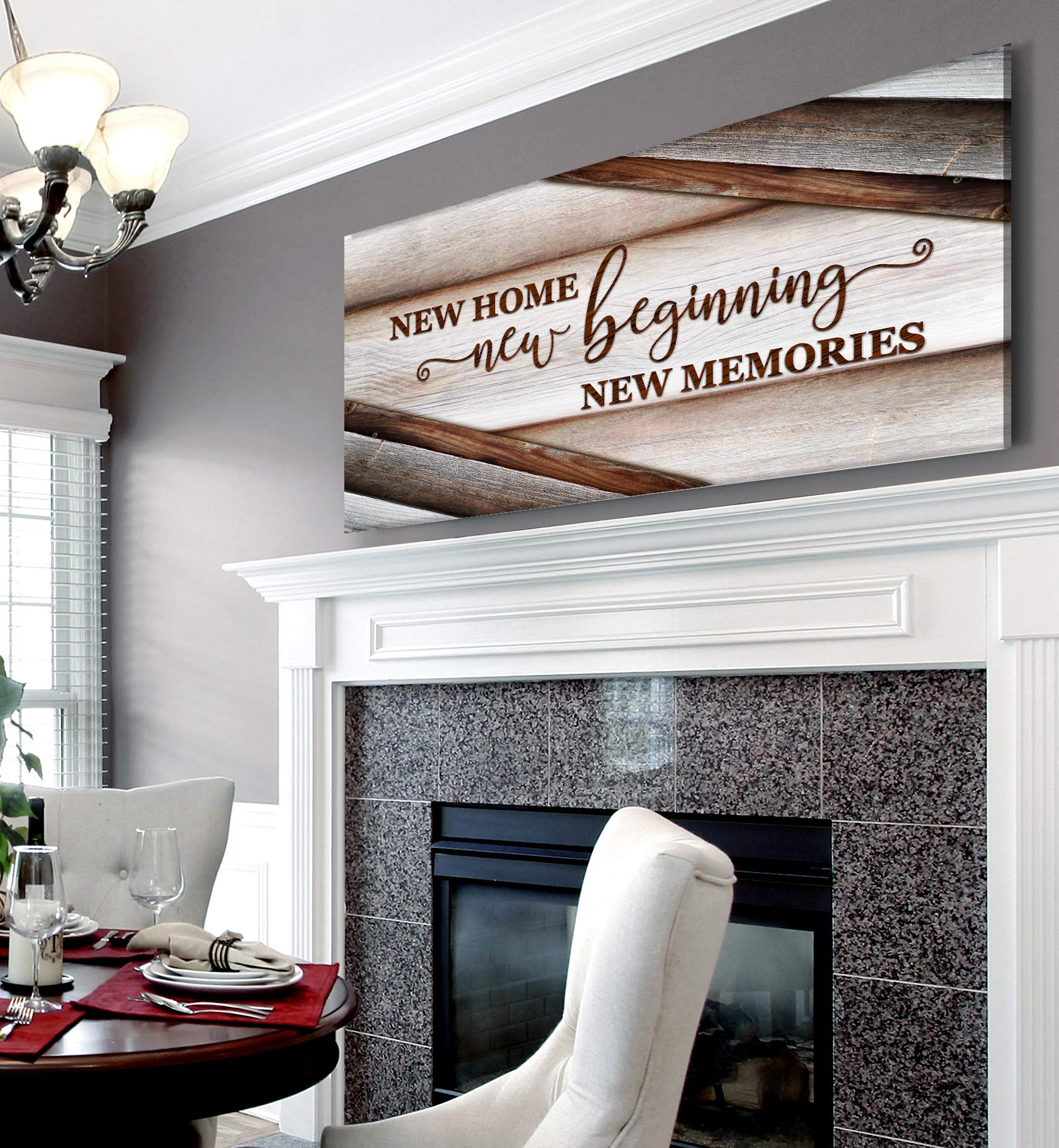 Wooden Framed Canvas Wall Art - Sense of Art New Home New Beginning V15 - Rustic Religious Home Decor for Living Room - Housewarming Gift (Brown, 60x27 inches) - Perfect for Farmhouse, Apartment & Wedding Decor
