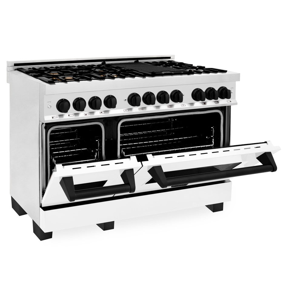 ZLINE Autograph Edition 48-inch Stainless Steel Dual Fuel Range with White Matte Door, Range Hood & Dishwasher - Matte Black Accents (3AKP RAWMRHDWM48 MB) | Professional Kitchen Package for Home Chefs & Modern Culinary Enthusiasts