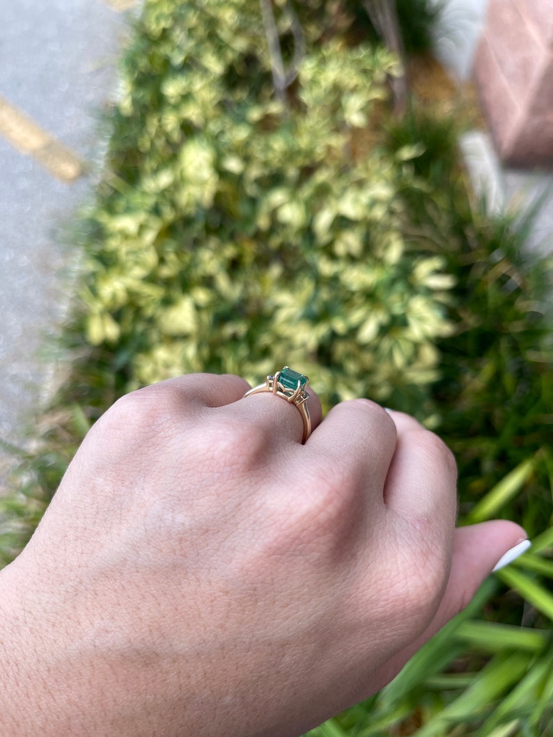 1.85tcw 14K Gold Asscher Cut Genuine Emerald & Diamond Three-Stone Engagement Ring for Women - Medium Dark Green Gemstone Wedding Band, Anniversary Gift, Proposal Jewelry