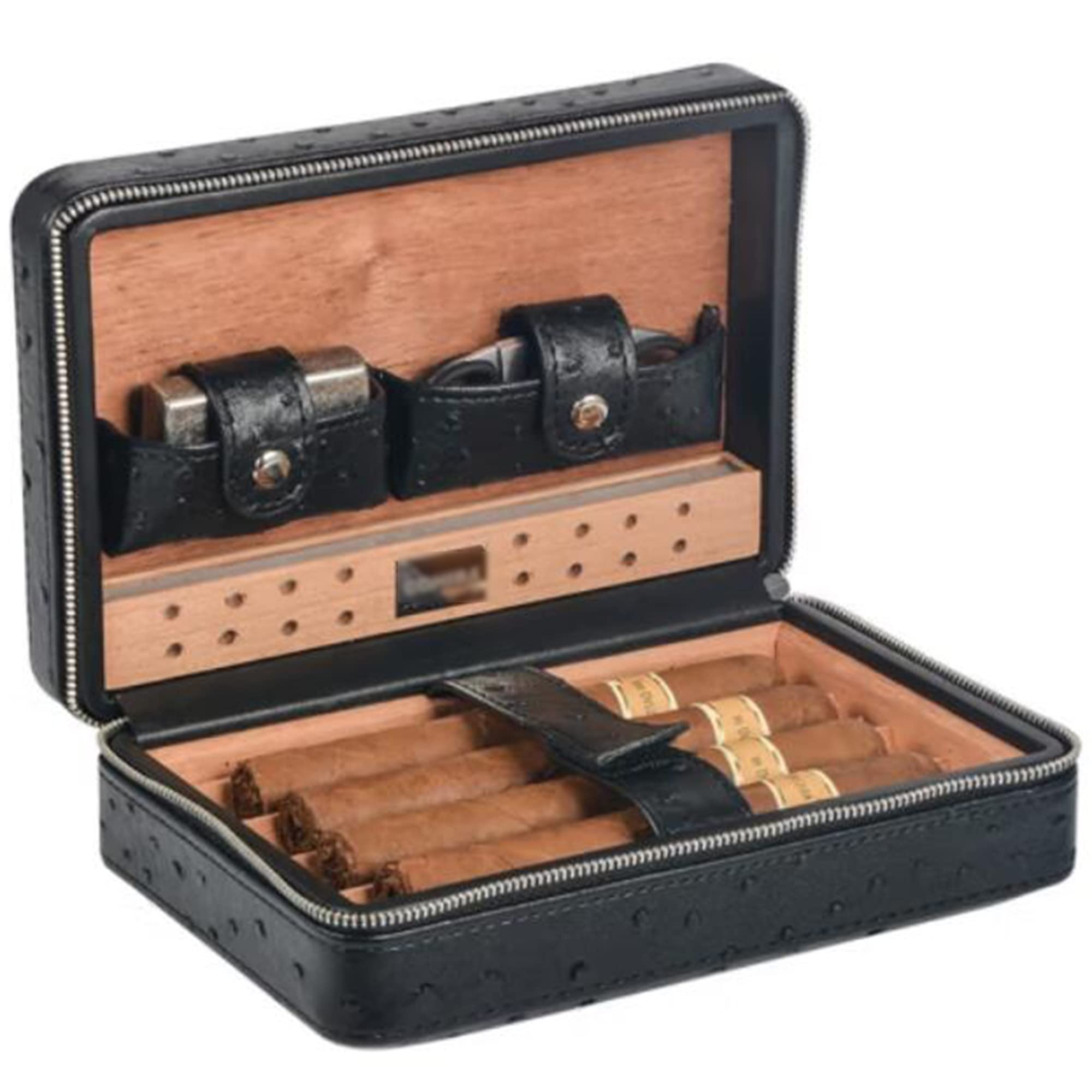 Premium Leather Travel Cigar Case with Cedar Wood Lining - 4 Cigar Capacity Humidor Box with Built-in Cutter, Humidifier & Lighter - Perfect for Outdoor Adventures, Business Trips & Gifts for Cigar Lovers