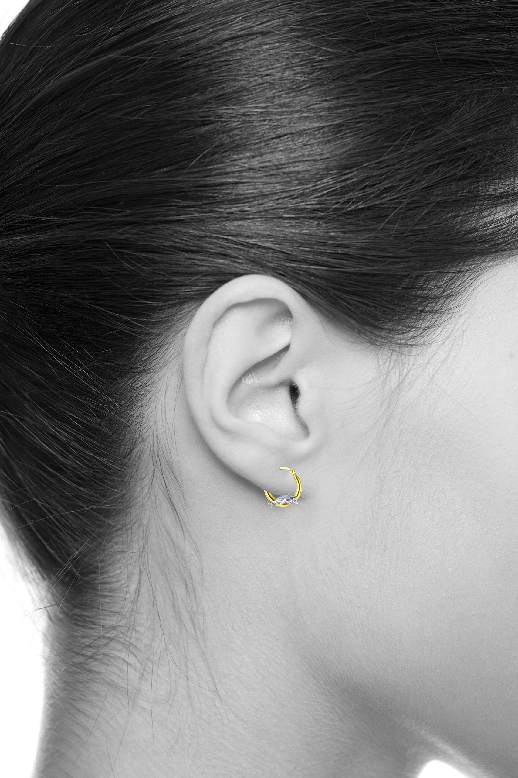 14K Real Two-Tone Gold Dolphin Hoop Earrings - 13mm Fancy Dangle Earrings for Women | Perfect for Beach Parties, Summer Vacations & Gift Giving