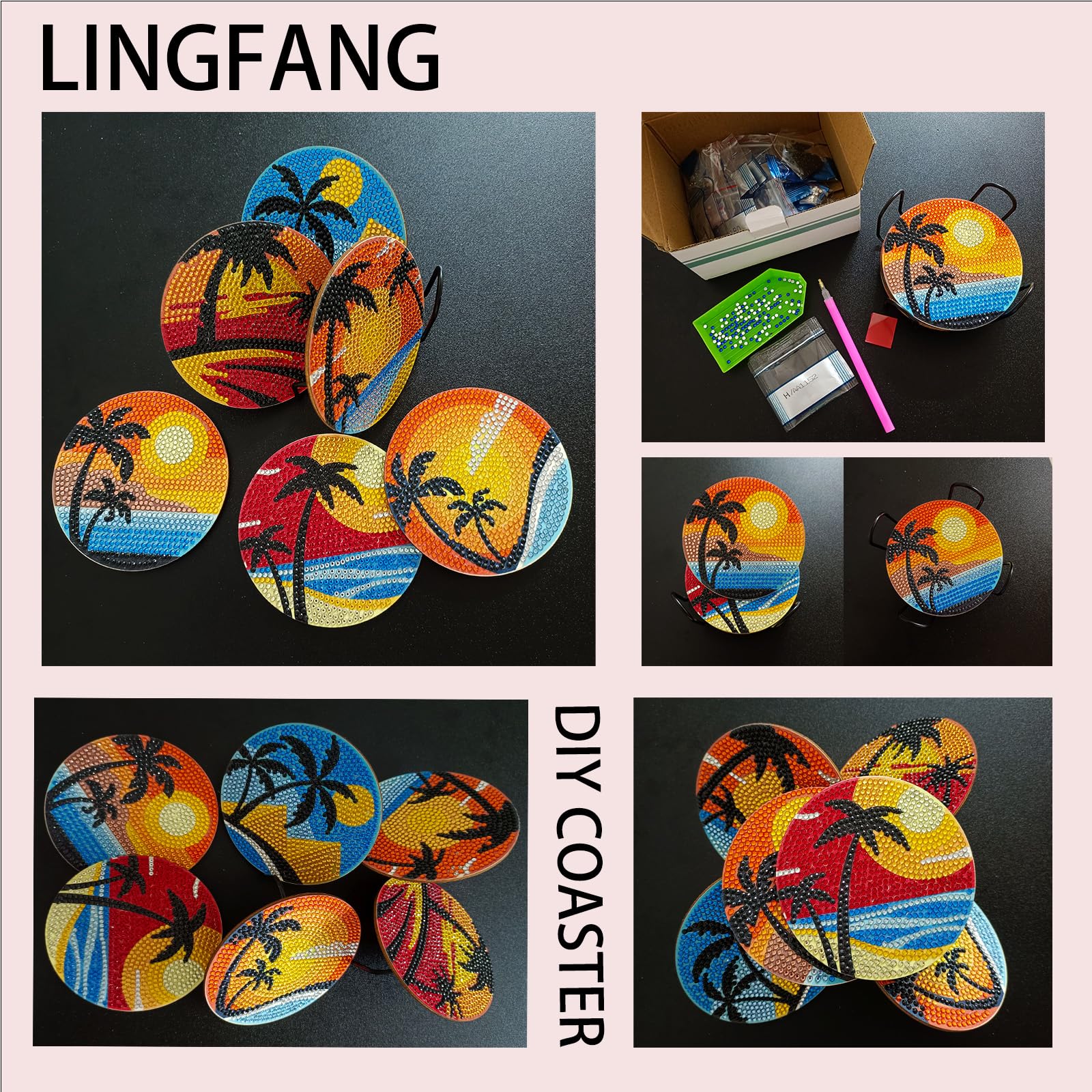 Diamond Painting Coasters Kit - 6 Pcs Sunset DIY Diamond Art with Holder & Cork Pad, Non-Slip Coasters for Beginners & Adults, Perfect Gift for Kids - Ideal for Home Decor, Coffee Table & Craft Projects