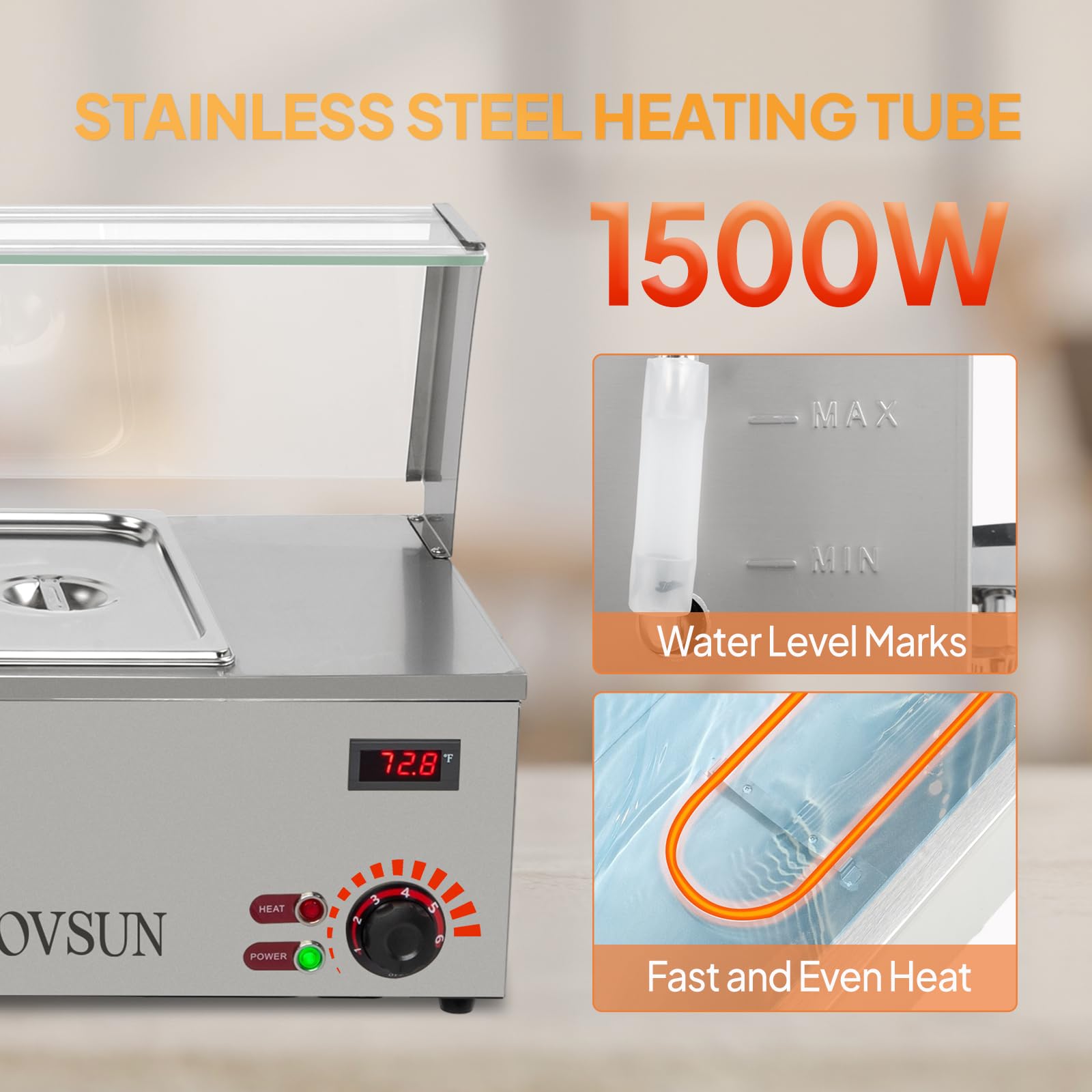 ROVSUN 48QT Electric Commercial Food Warmer - 6-Pan Stainless Steel Steam Table with Temperature Control & Acrylic Shield (1500W, 110V) | Perfect for Buffet, Party Catering, Restaurants, and Cafeterias