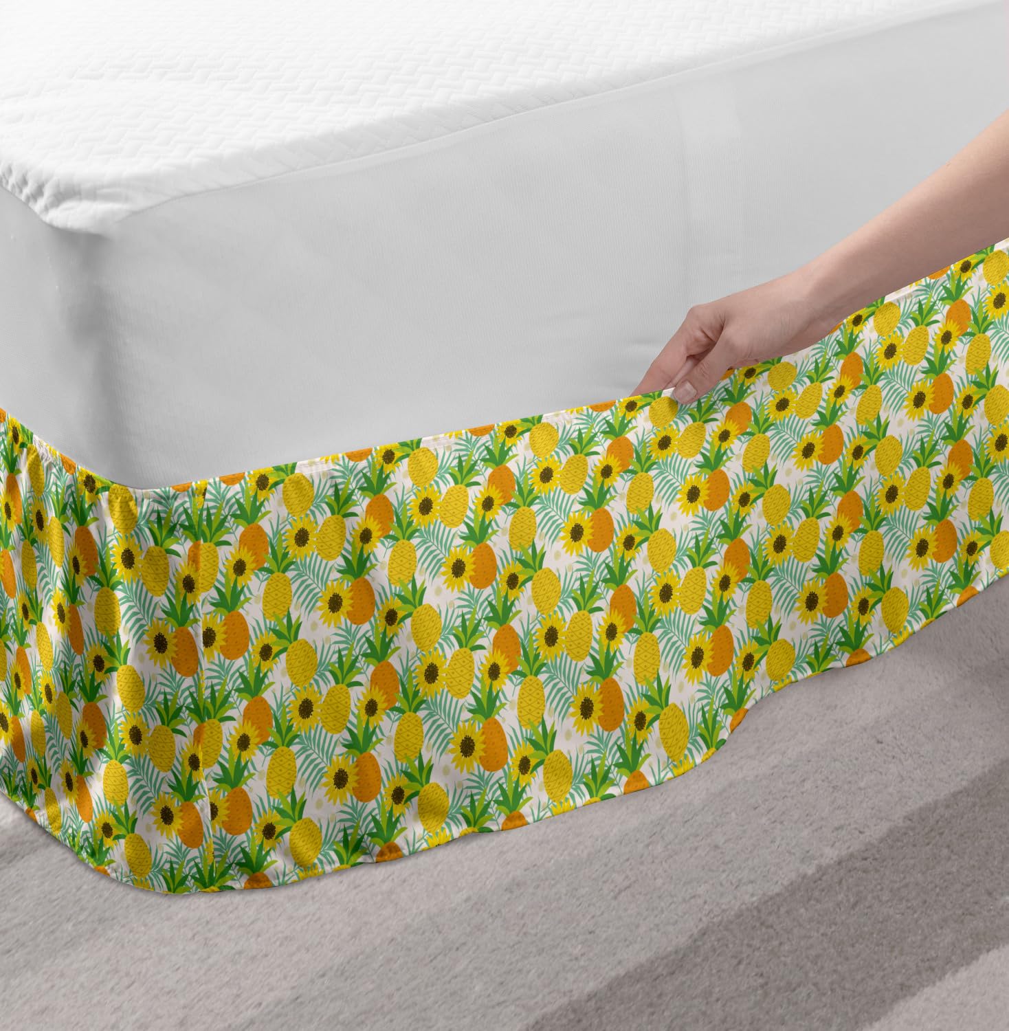 Ambesonne Summer Bed Skirt - Sunflower & Pineapple Doodle Design, Elastic Wrap Around Gathered Bedroom Decor for Twin/Twin XL - Perfect for Boho & Farmhouse Style Bedrooms
