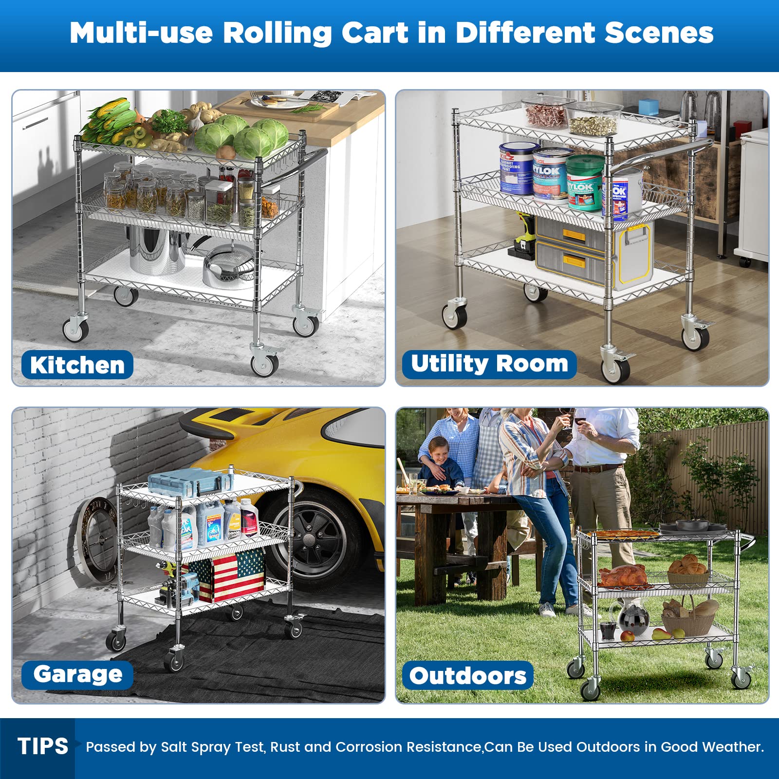 Leteuke 3-Tier Heavy Duty Rolling Utility Cart with Wheels - 990Lbs Capacity, NSF Commercial Grade Metal Cart with Handle & Shelf Liner - Multi-Purpose Trolley for Kitchen, Restaurant, Plant Display, and Office Organization (Chrome Finish)