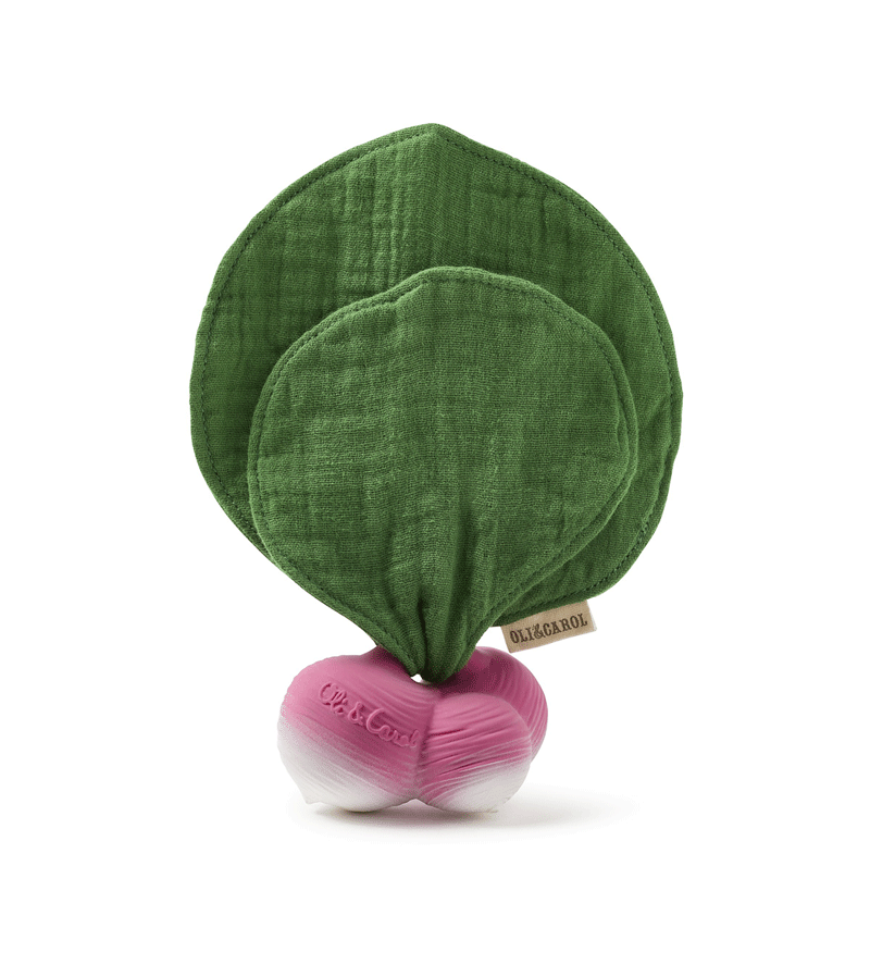 Organic Ramona The Radish Mini Doudou Baby Teether by Oli & Carol - Natural Rubber Pacifier & Chew Toy for Teething Infants - Perfect for Soothing Sore Gums & Sensory Play